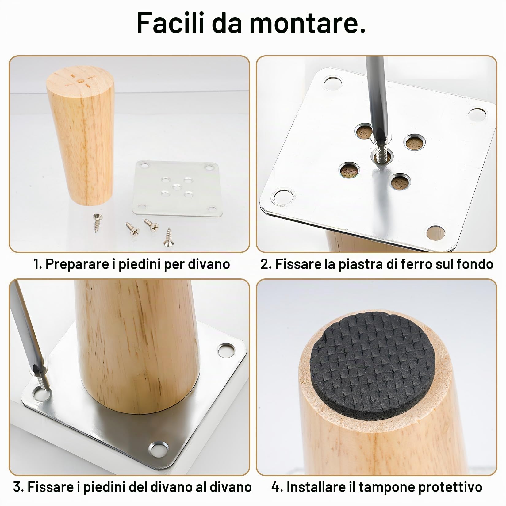 4 Pz Piedini per Mobili in Legno 10cm, Piedi per Mobili, Gambe per Mobilie, Gambe Tavolo, Piedi Letto, Piedini per Divano Letto Dritte e Affusolate per Tavoli, Cassettiere, Sedie, con Accessori