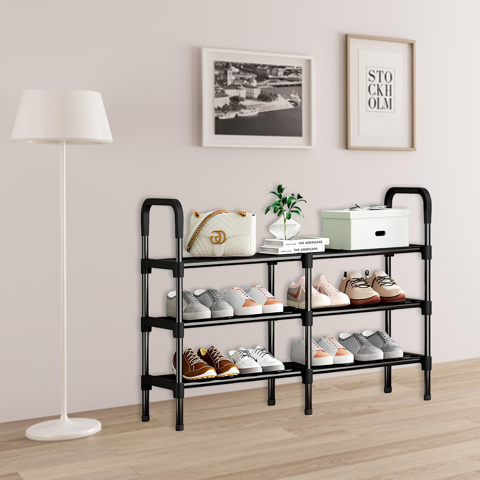 Scaffale Porta Scarpe in Metallo a 3 Ripiani - Scarpiera Aperta ed Organizzatore per Scarpe,Scarpiera Salvaspazio per 32 Paia di Scarpe, Organizer Scarpe Ripiano per Soggiorno, Corridoio