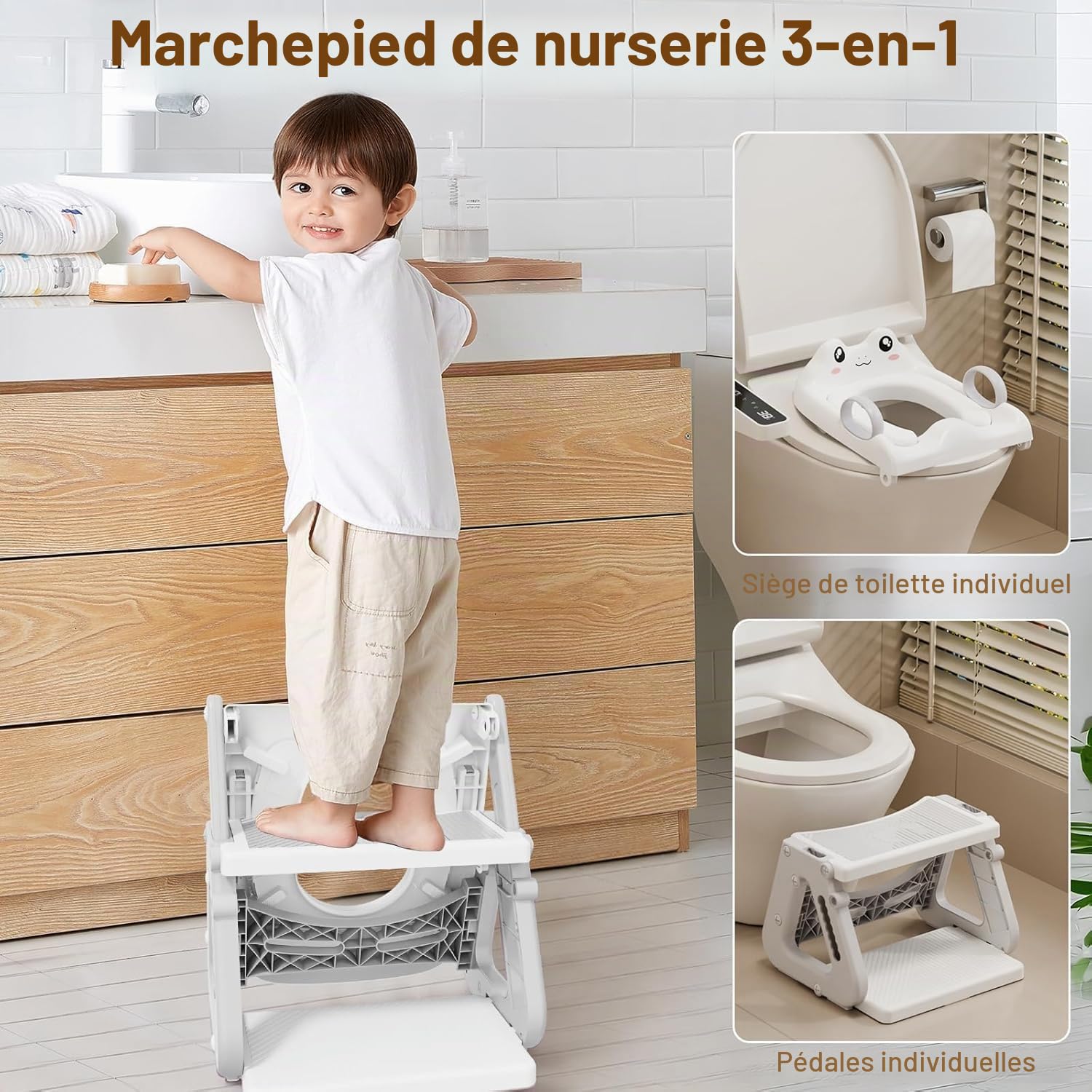 Reducteur Toilette Enfant avec Marche,Stabiliser Rehausseur Toilette Enfant avec Structures Triangulaires,Adaptateur Toilette pour Enfants Garçons et Filles,Antidérapant et Pliable,Gris