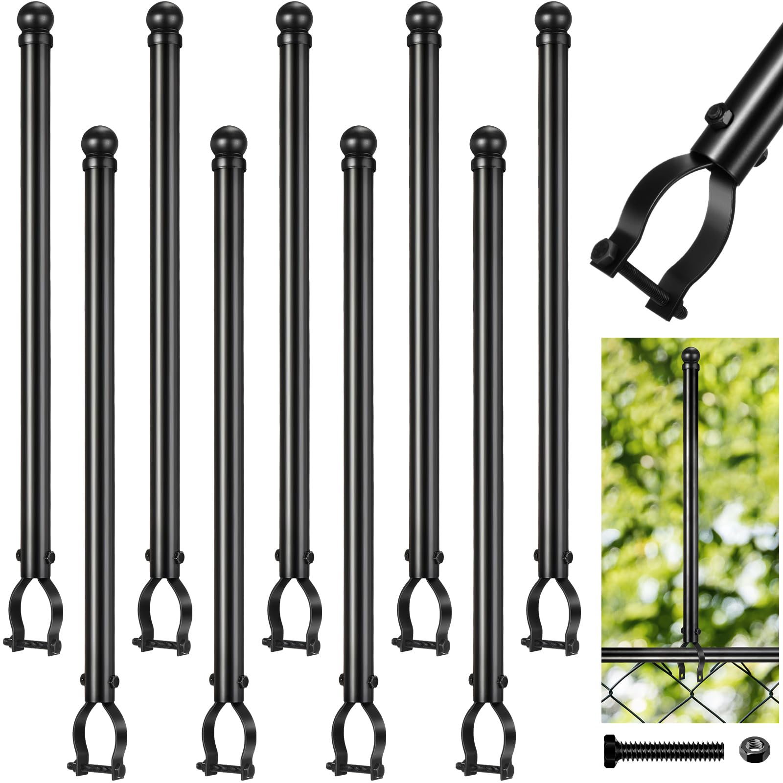 Chain Link Fence Post Extender 20 Inch Fence Extension Height Galvanized Chain Link Fence Extension for Privacy and Dogs (1-3/8) (Black,9 Pcs)
