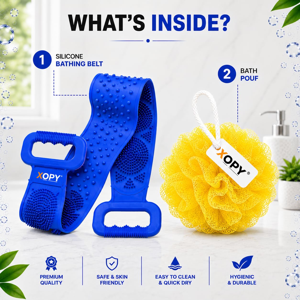 XOPY 2-in-1 Silicone Bathing Belt & Bath Loofah Combo for Men & Women | Double-Sided Back Scrubber with Long Handles | Soft Exfoliating Silicone Body Scrubber for Deep Cleansing | Mesh Shower Pouf for Rich Foam, Quick Dry & Skin Friendly