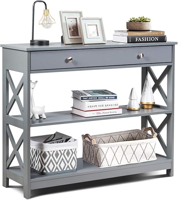 COSTWAY Console Table, X-Shaped Sofa Side End Table with Drawer and 2 Storage Shelves, Wooden Narrow Hall Desk Display Accent Table for Living Room Bedroom Entryway Hallway (Grey)