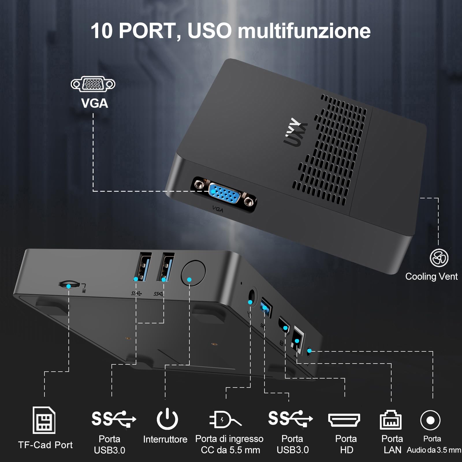 Dghrti Mini PC Supporto 512GB SSD Expansion, N3350 Desktop Computer 64GB, Small PC Gaming 4K IPS,Supporto Dual Display, BT, 2.4G/5G WiFi, USB 3.0 -Grigio