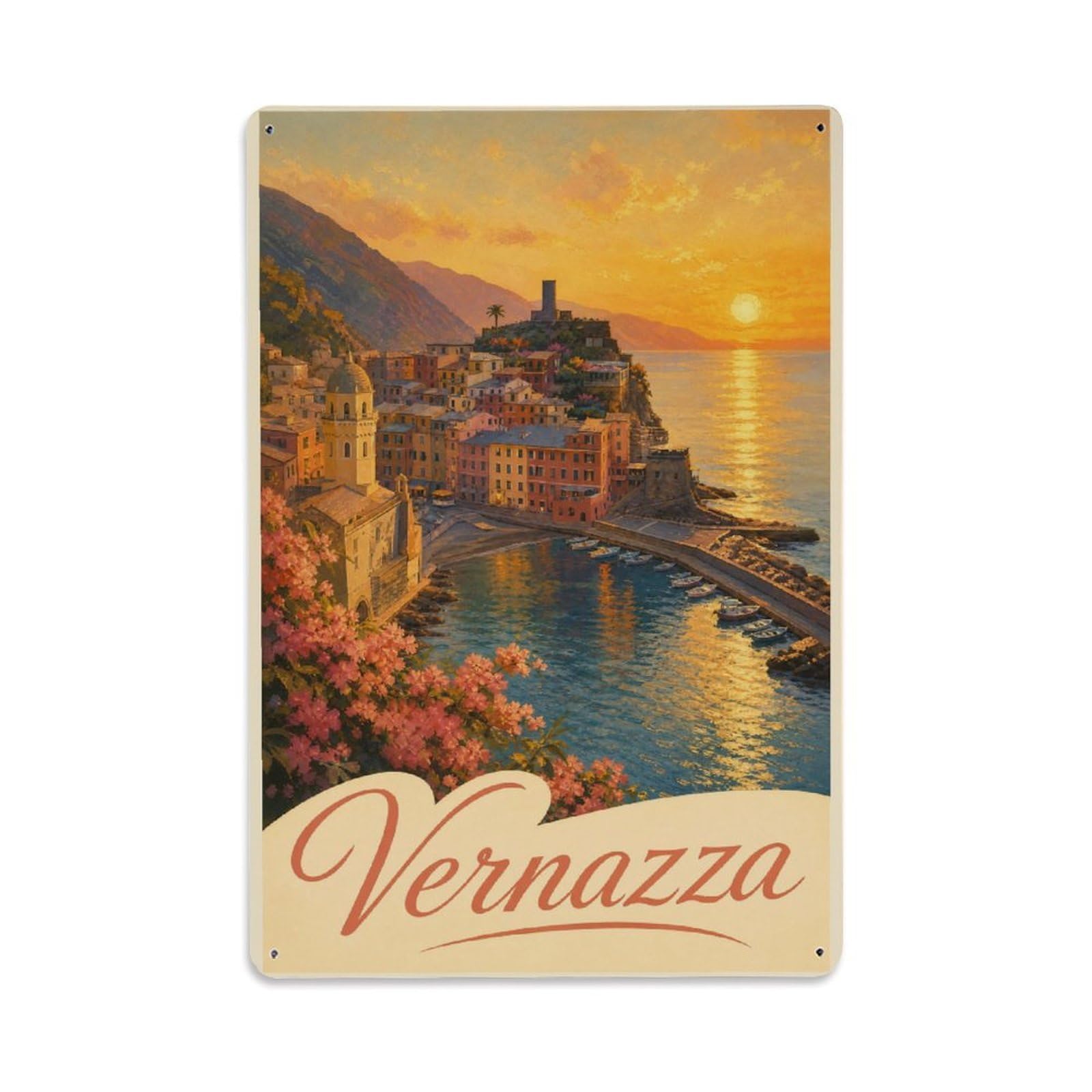 Huiyhb 8X12inch(20X30cm) Vintage Travel Vernazza Sunset Golden Hour Village Italy Metal Tin Sign