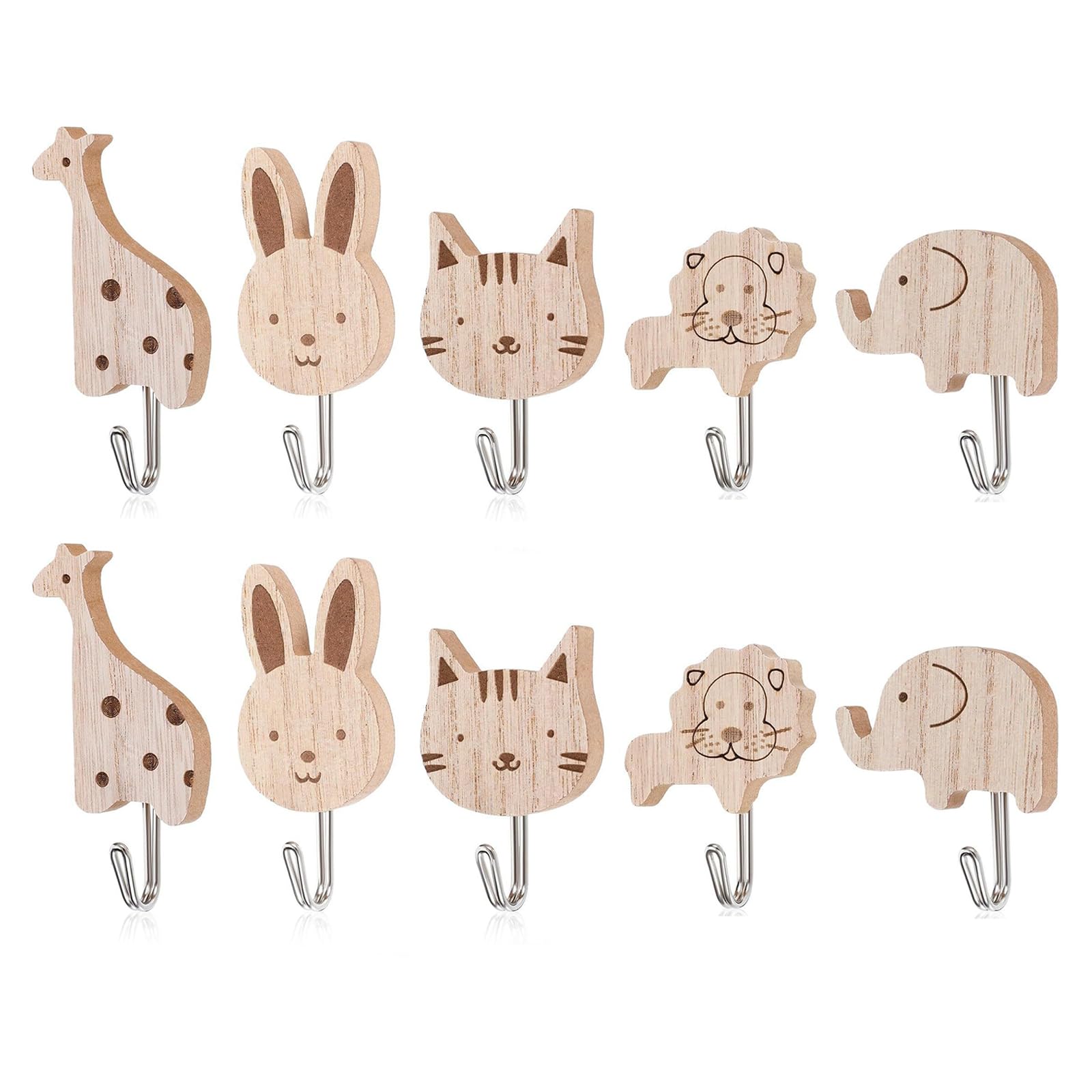 10 Piezas Percheros Infantiles, Ganchos de Madera Autoadhesivos, Percheros con Forma de Animal para Niños, Perchero de pared infantil, para Habitación Infantil Baño Cocina