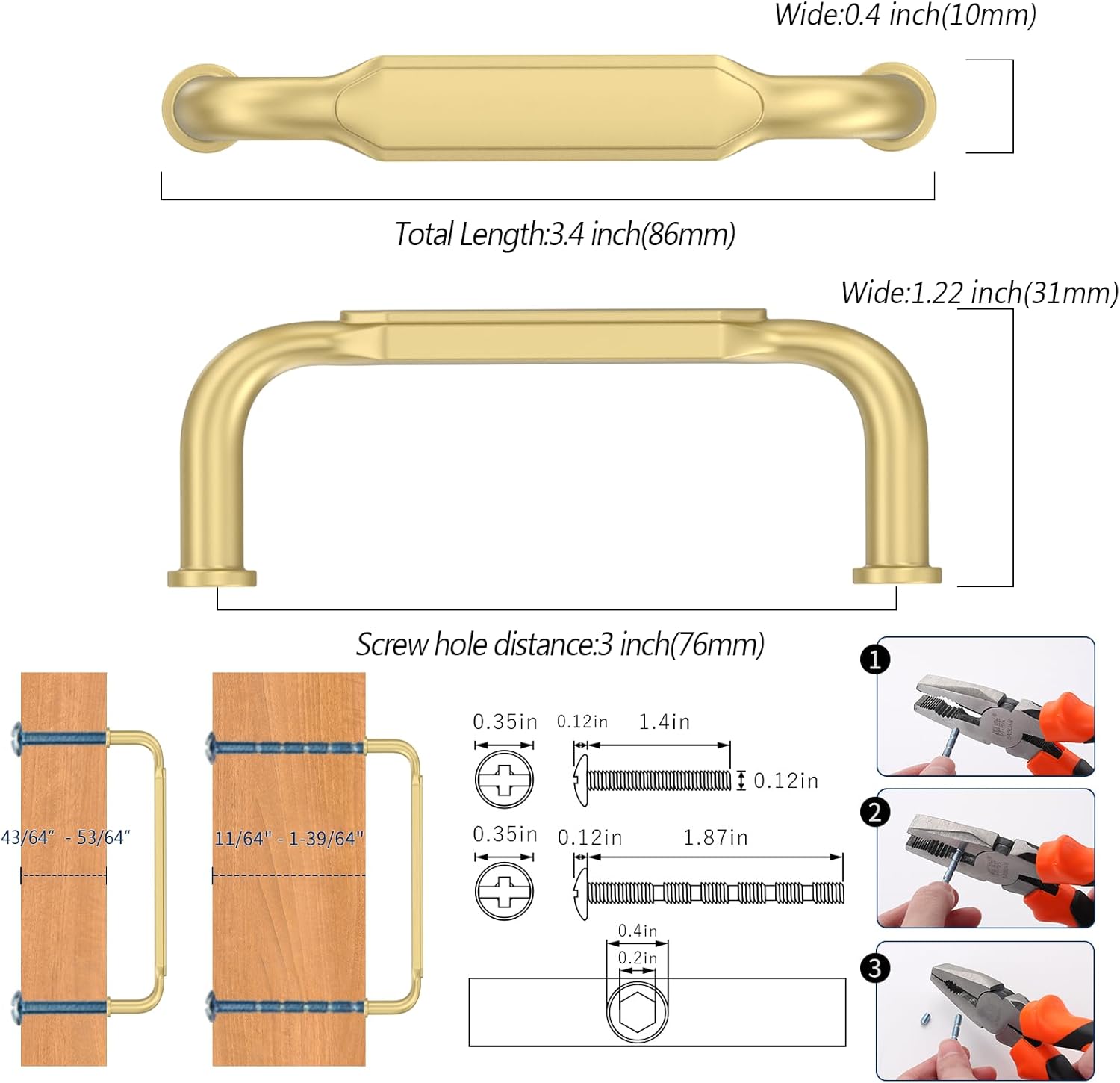 10 Pack 3 Inch(76mm) Brushed Gold Cabinet Pulls Zinc Alloy Cabinet Handles,Gold Cabinet Pulls Kitchen Cabinet Hardware for Cupboard Drawer Pulls