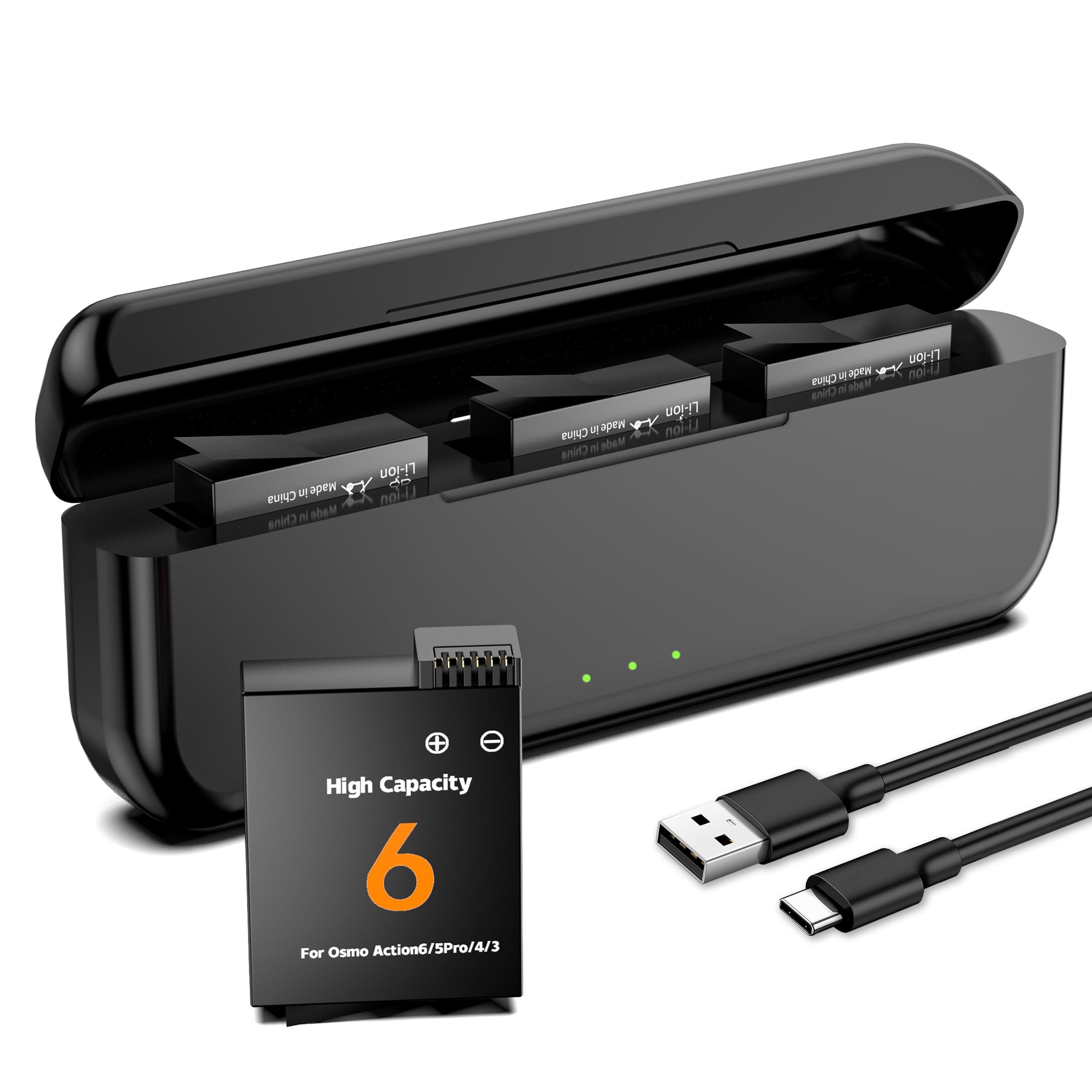 Lot de 3 batteries de rechange 2800 mAh compatibles avec les caméras DJI Osmo Action 6/5 Pro/4/3/Osmo 360 avec station de charge de batterie de type C à 3 canaux
