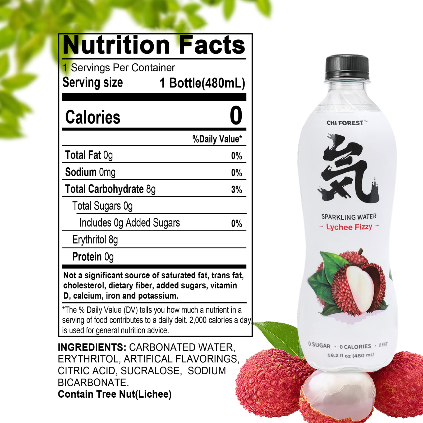CHI FOREST Sparkling Water, Lychee Fizzy Flavored Bubbly Sparling Water in Bottle, 0 Sugar and 0 Calories Carbonated Water, 16.2 Fl oz(480ml), Pack of 15