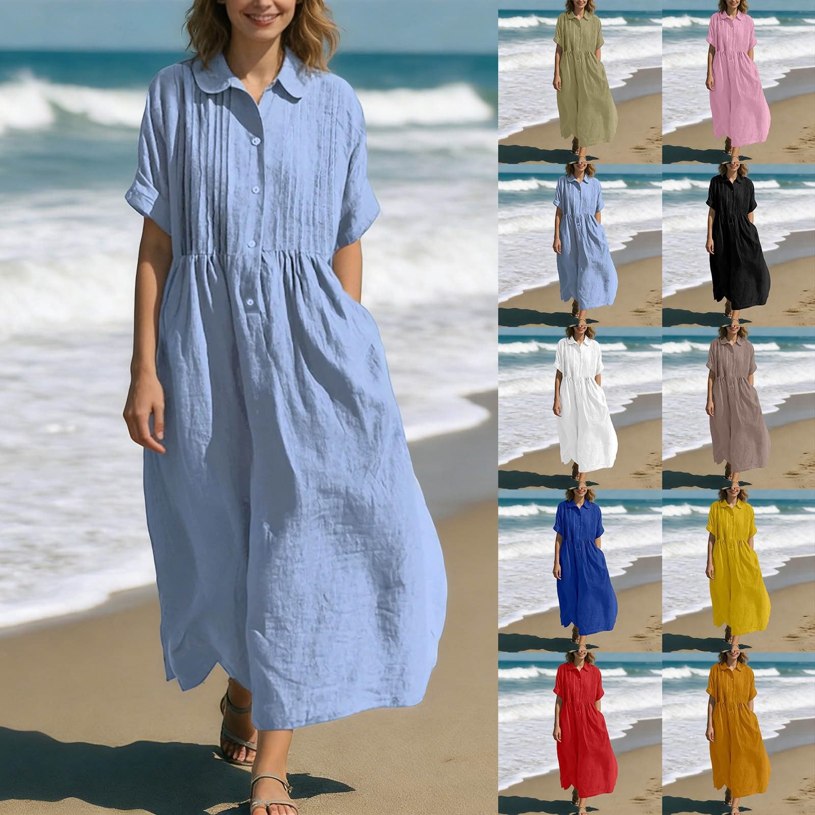 Vestido de verano para mujer, largo, cuello vuelto, elegante, vestido de playa, vestido de verano, vestido camisero con botones, vestido maxi de manga corta, vestido de verano para mujer, ligero y
