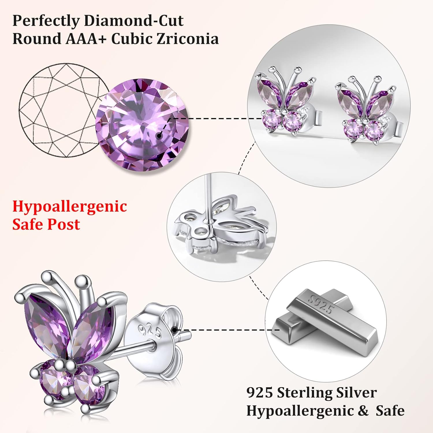 Bestyle Sterling Silver Butterfly Earrings for Women, Dainty Cute Birthstone Studs Hypoallergenic Jewelry, Great Birthday Gift - Image 4