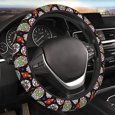 Dead Sugar Skull Steering Wheel Cover for Women Men, Universal 15 Inches Car Steering Wheel Protector Anti-Slip Sweat Absorption Car Accessories for Auto Truck SUV