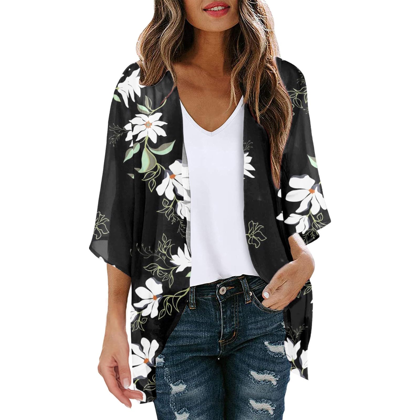 Huesdet Cardigan de Gasa para Mujer Kimono de Playa Boho Cover Ups Suelto de Verano Tops con Estampado Floral Casuales Cardigan Ligero de Manga 3/4 EE23