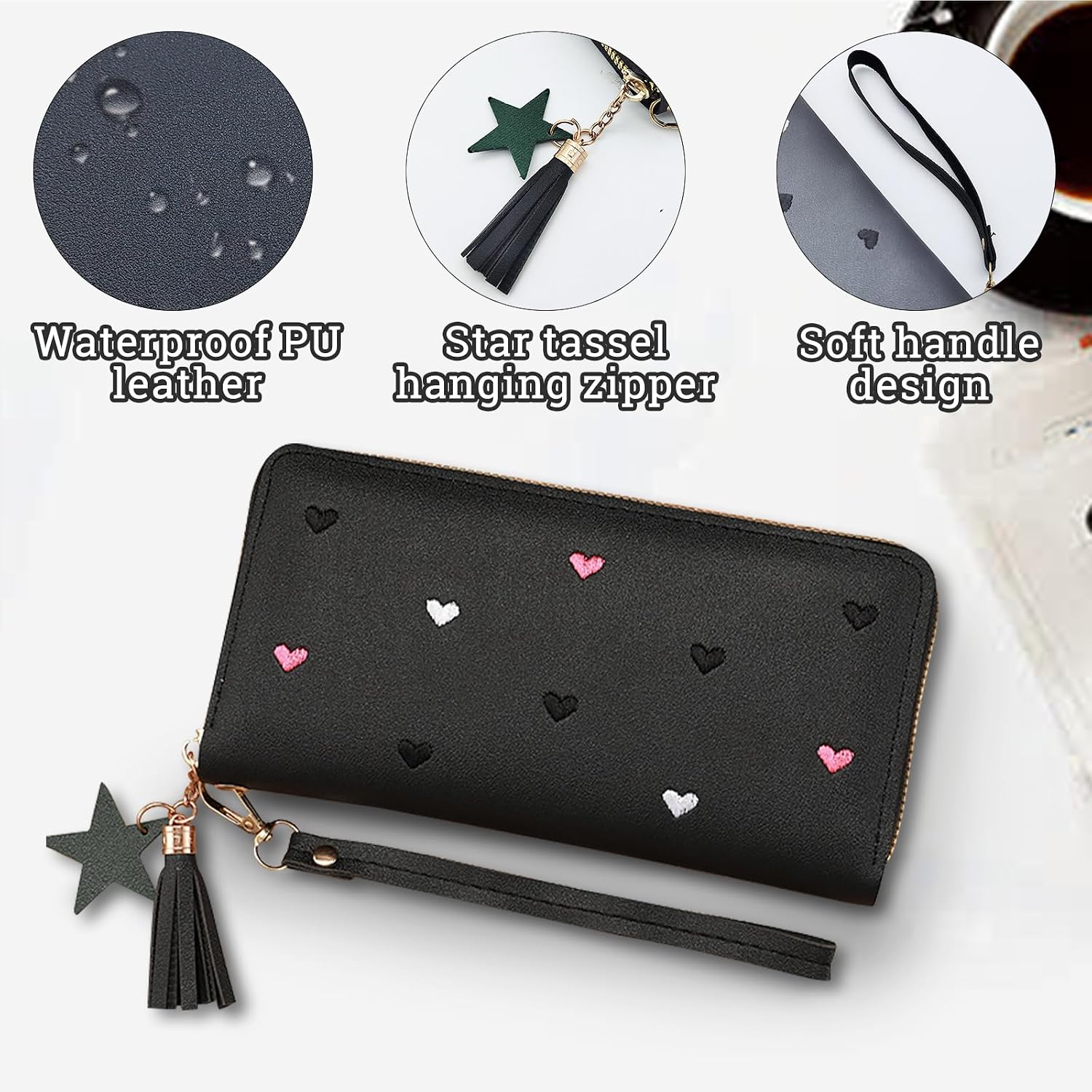Women's Wallets, PU Leather Ladies Wallet Wristlet Wallets for Women with Detachable Handle, Multi Slots Travel Wallet Womens Wallet for Shopping, Dating, Travel (black)