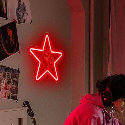 Miniatura 5 de Letrero de neón Tage Against the Machine, letrero de luz de neón regulable con puño de estrella, letreros de neón LED para cueva de hombre, letrero