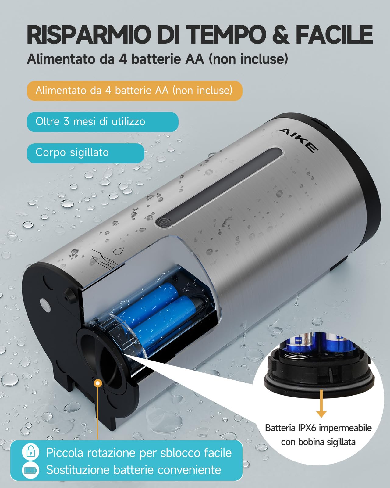 AIKE AK1205E Dispenser di Sapone Automatico da Parete, Grande Capacità in Acciaio Inox per Sala da Pranzo e Bagno