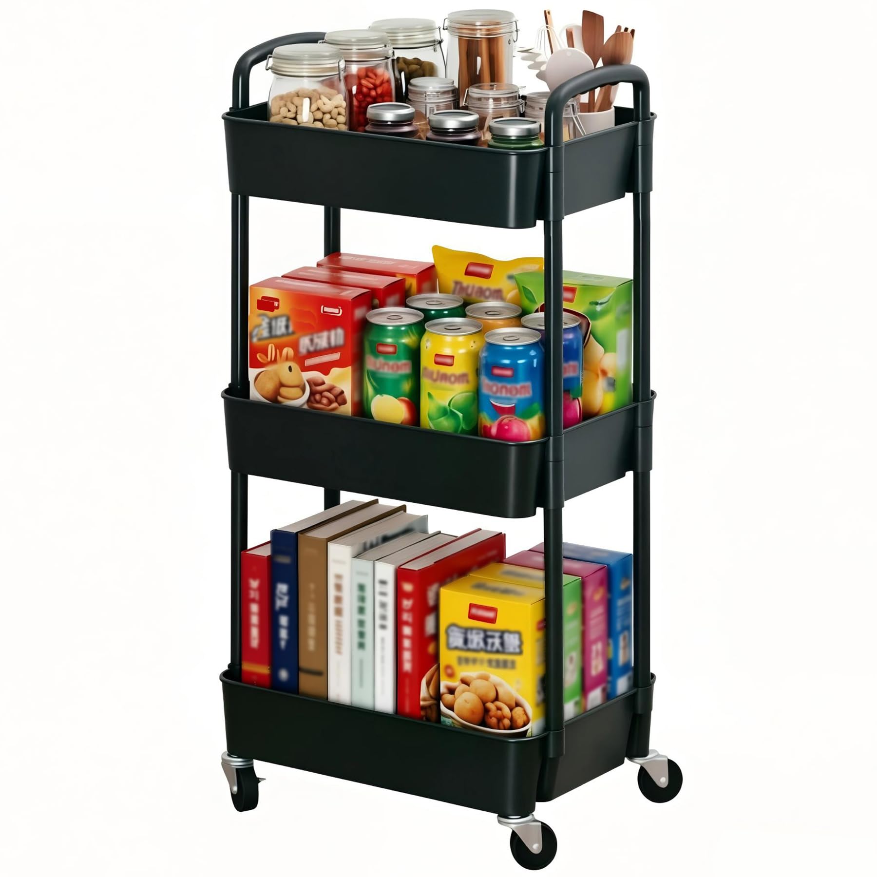 Sywhitta Rolling Utility Cart with Handle, Multi-Functional Storage Trolley for Office, Living Room, Kitchen, 3-Tier Movable Storage Organizer with Wheels, Black