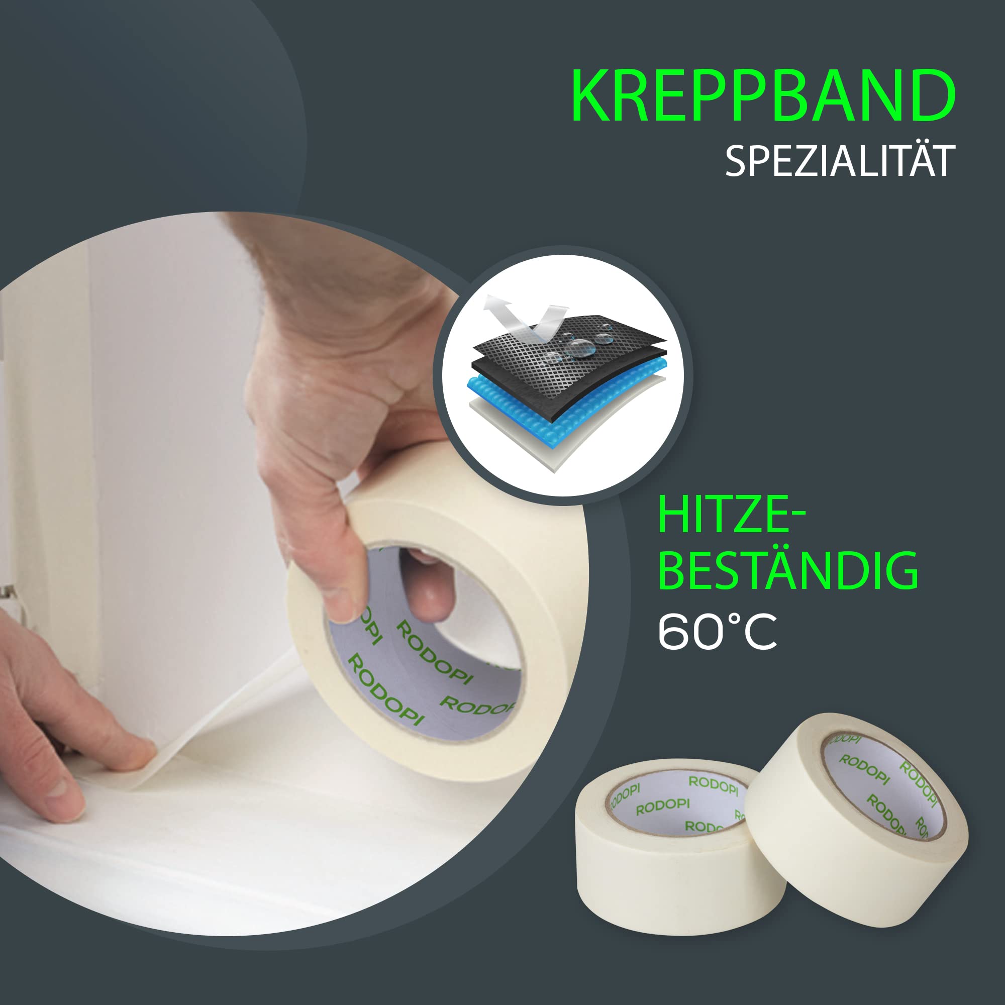 RODOPI Kreppband SplashGuard 19mm 25mm 36mm 50mm 100mm Malerkrepp 50m Rolle Abklebeband leicht abtrennbar Malerband Beige Abdeckband für Maler Kreppbänder (50mm, 36 Rollen)
