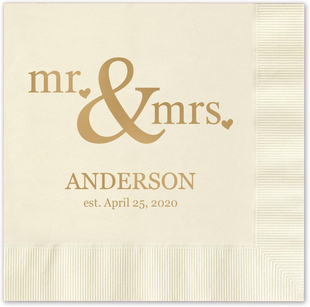 Canopy Street Mr & Mrs Hearts Personalized Beverage Cocktail Napkins - 100 Ivory Ecru Paper Napkins with Choice of foil