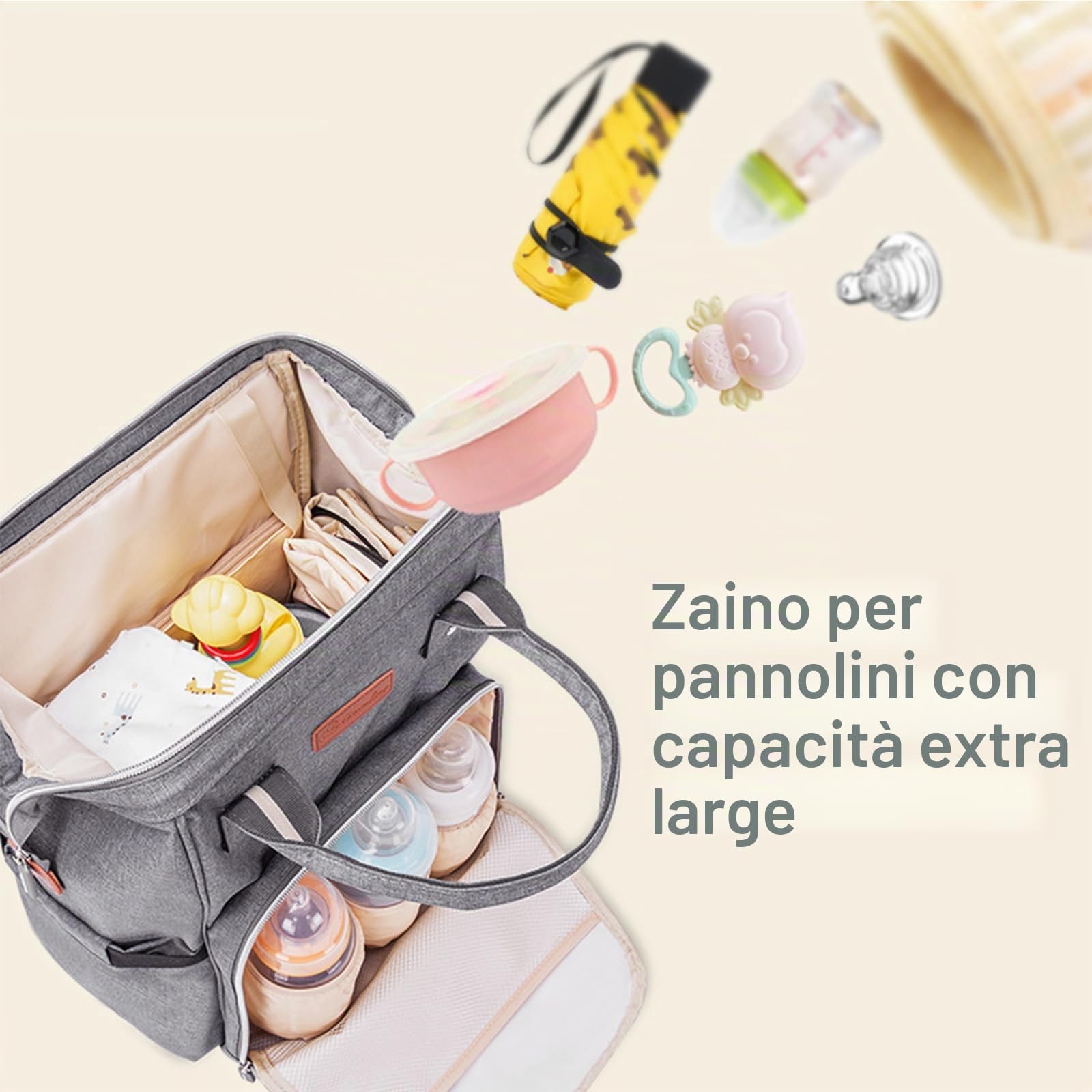 Zaino per pannolini, multifunzionale, grande capacità, borsa da viaggio, con borsa termica, tracolla regolabile, zaino con 2 cinghie per passeggino (grigio), grigio., Große Kapazität