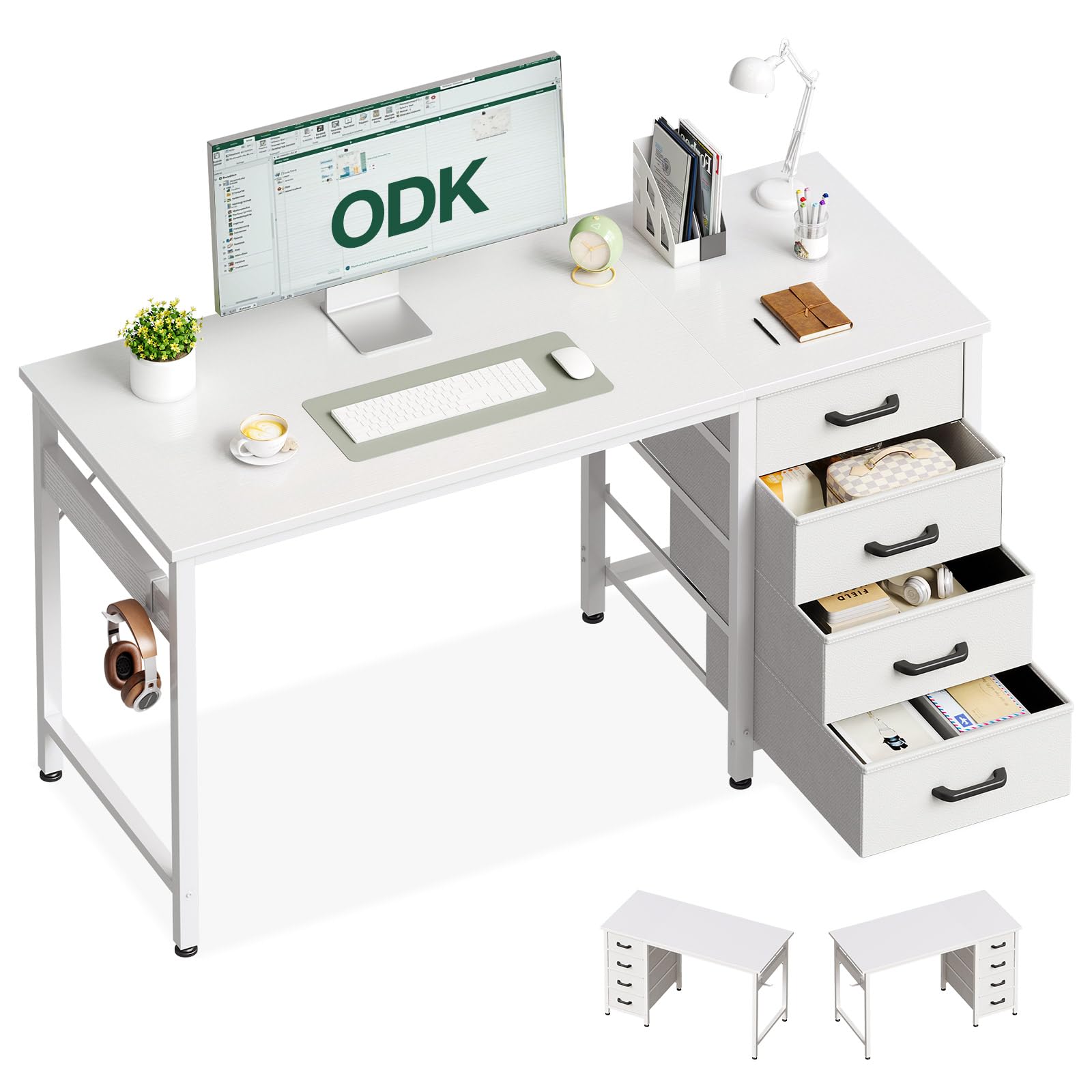 ODK Scrivania con 4 Cassetti in Tessuto, 120x48cm Tavolo per Computer con Gancio per Cuffie, Scrivania Ufficio Reversibile per Uffici e Postazioni di Lavoro, Bianco