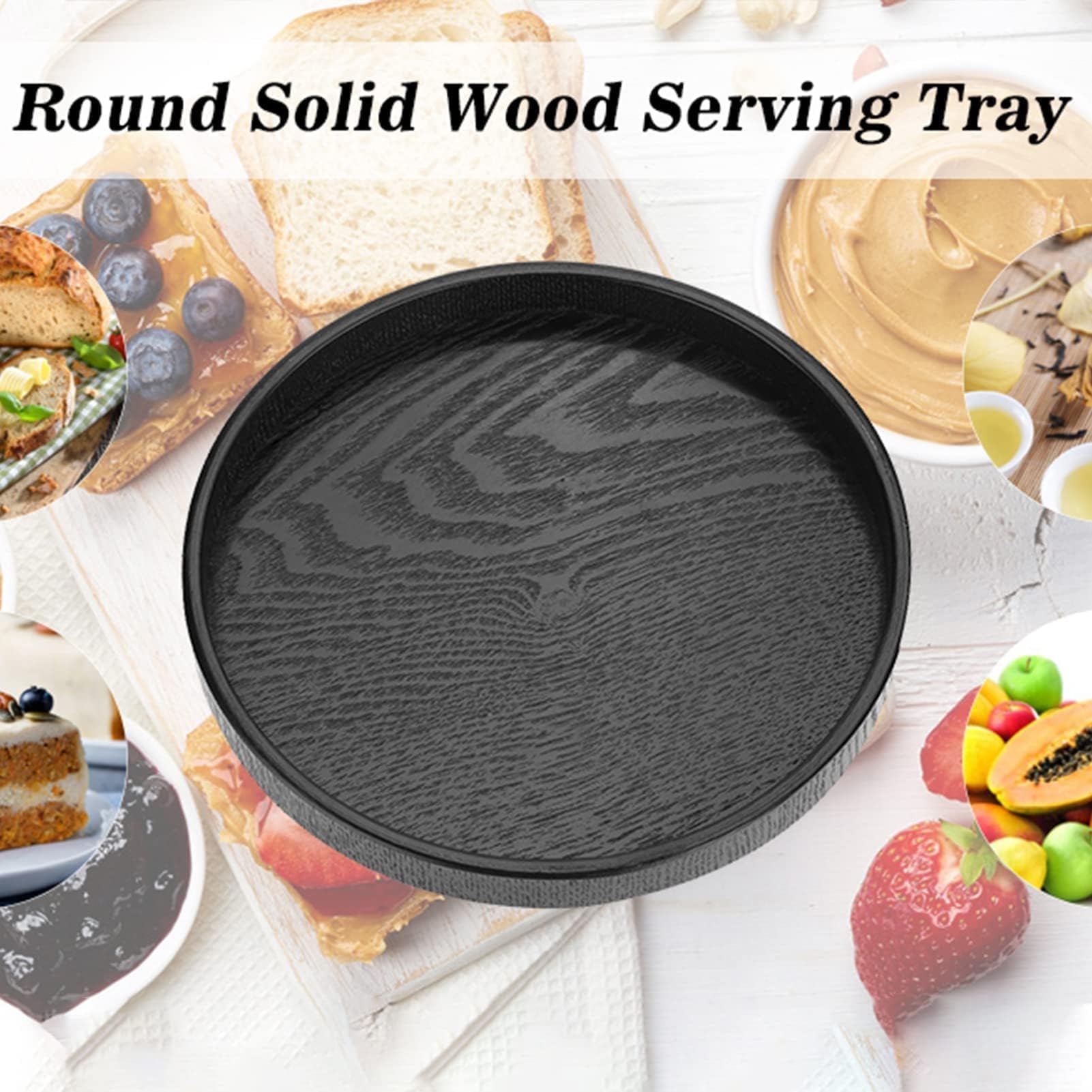 Bandeja redonda de madera para servir, bandeja de té negro, bandeja de servicio para restaurante, 27 cm, esencial para cocina y oficina, plato elegante y de servicio para uso doméstico y cafetería