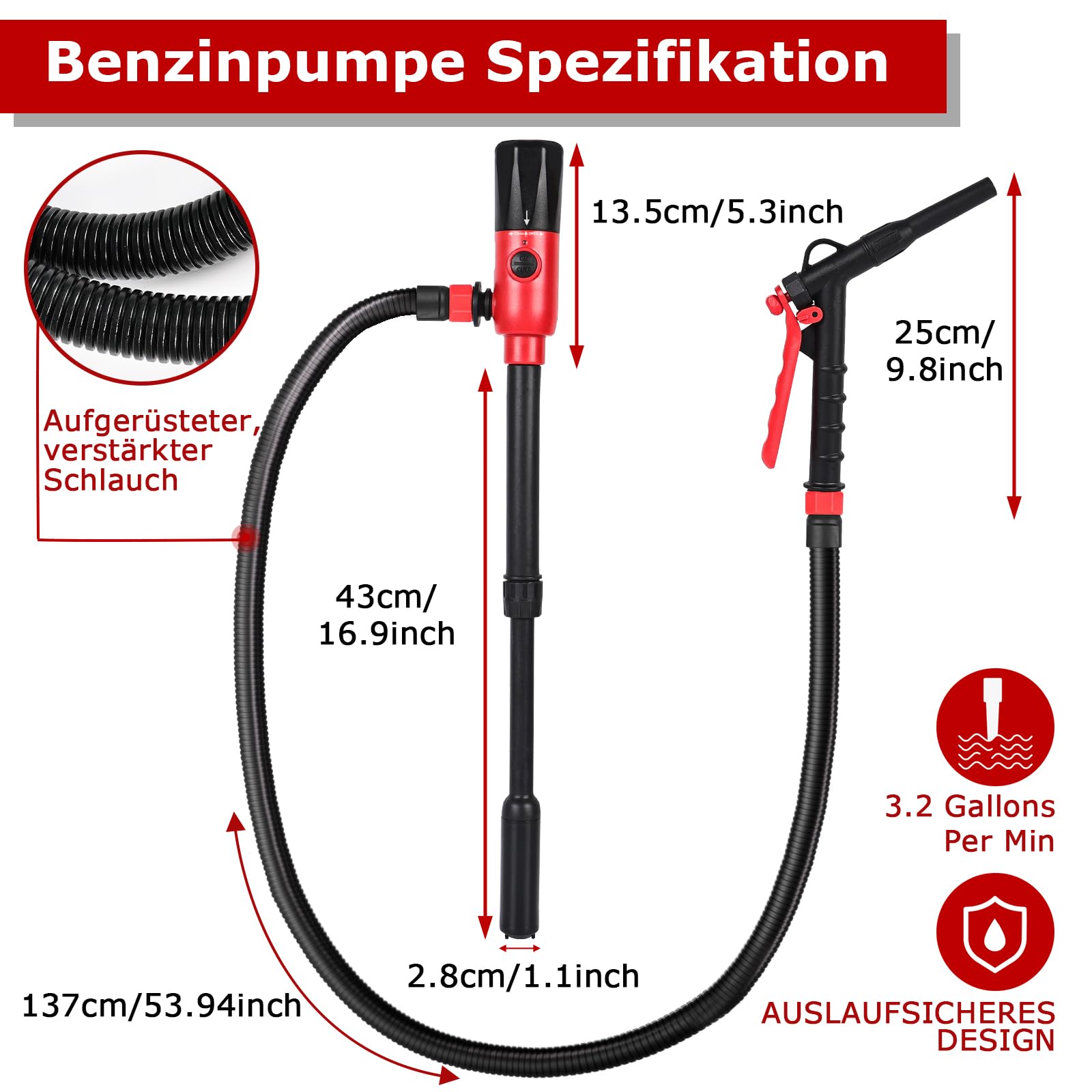 innhom Pompe à carburant électrique, 3,2 GPM (12 l/min) - Pompe de transfert de liquide à piles - Pompe à essence pour essence et diesel - Pompe portable avec tuyau et régulateur de débit (noir)