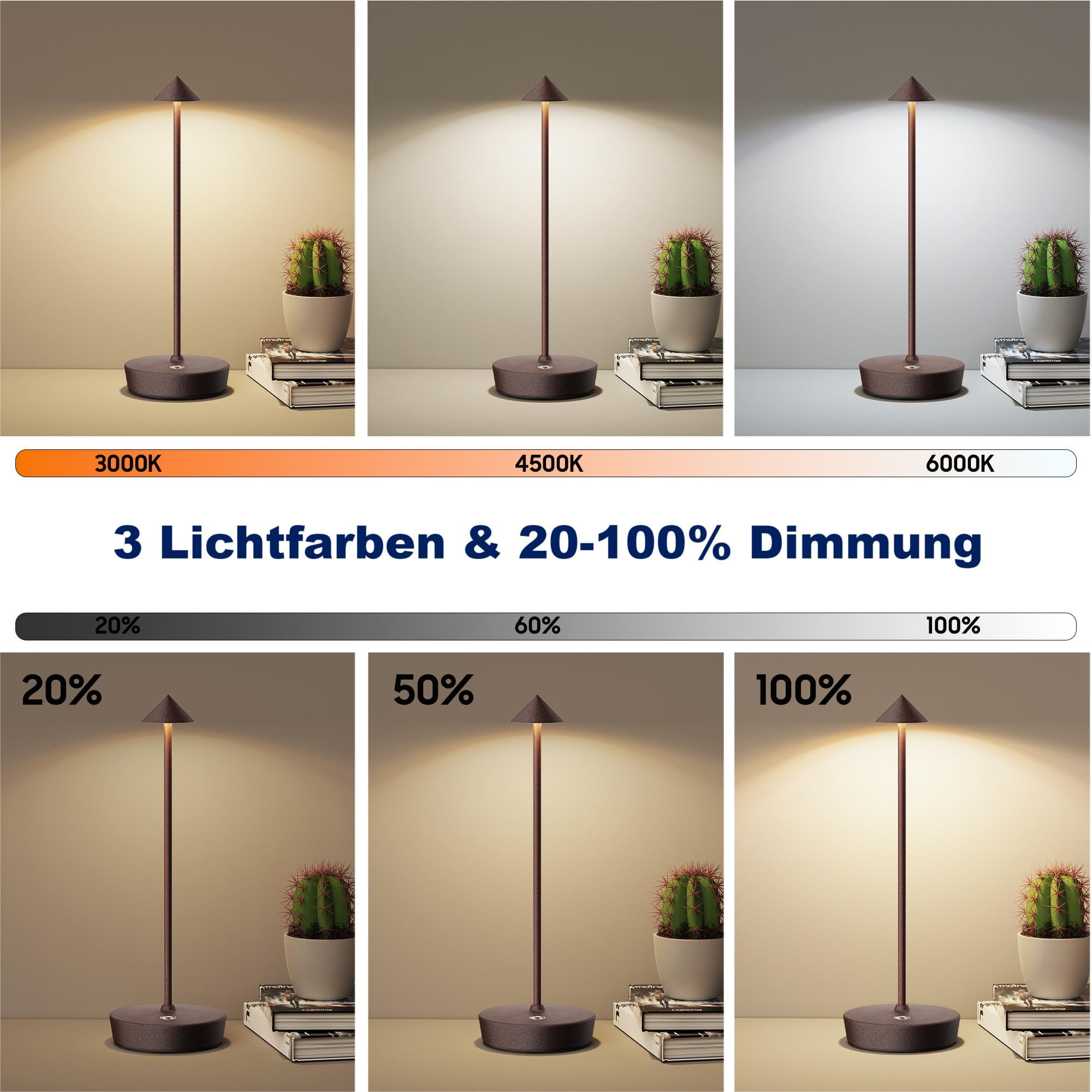 Lámpara de mesa inalámbrica LED recargable regulable 6000 mAh 3 modos de luz uso interior/exterior batería larga duración portátil USB-C lámpara de mesa (2X Color óxido)