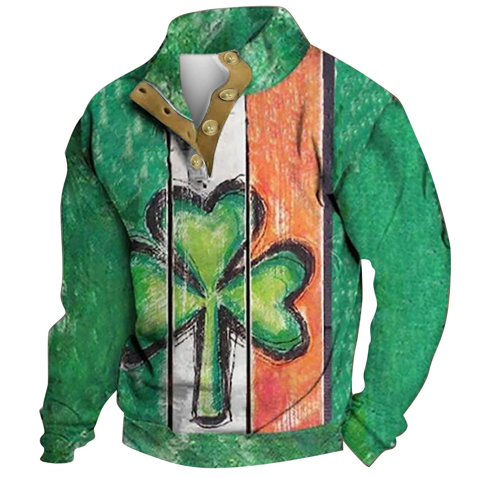 Mens St Patricks Day Clover Pullover Sweatshirts Stand Collar Long Sleeve Distressed Washed Henley Pullover Vintage Irish Shamrock Polos Sweatshirts