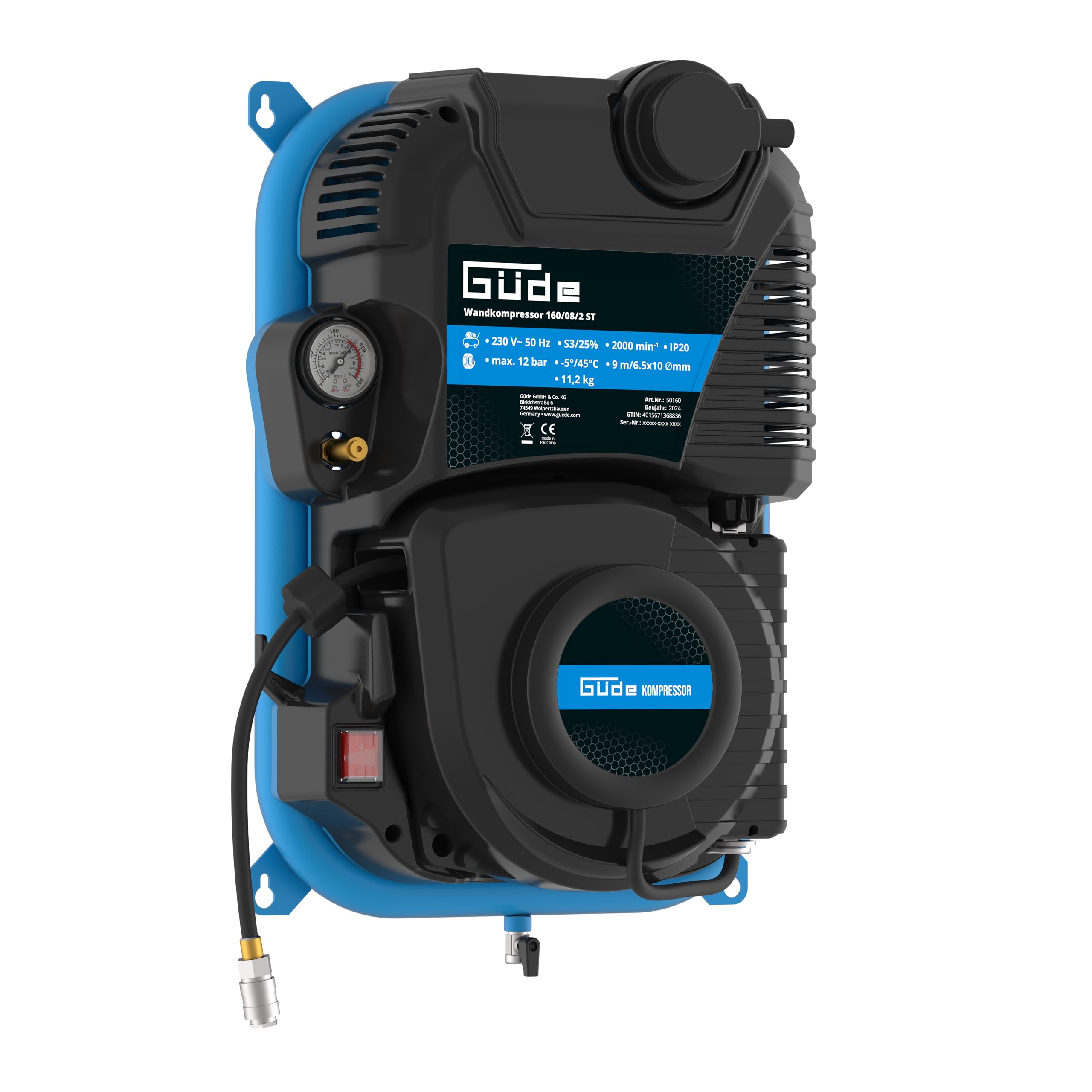 Güde Compressore da parete 160/08/2 ST 1100 W 230 V 8 bar 90 l/min montaggio a parete avvolgitubo automatico