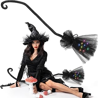 Halloween Witches Broom Black LED Lighted Plastic Witch Broomstick Spider Light up Broomstick with Ribbons Broom Cosplay Props for Halloween Decoration Witch Costume Accessories
