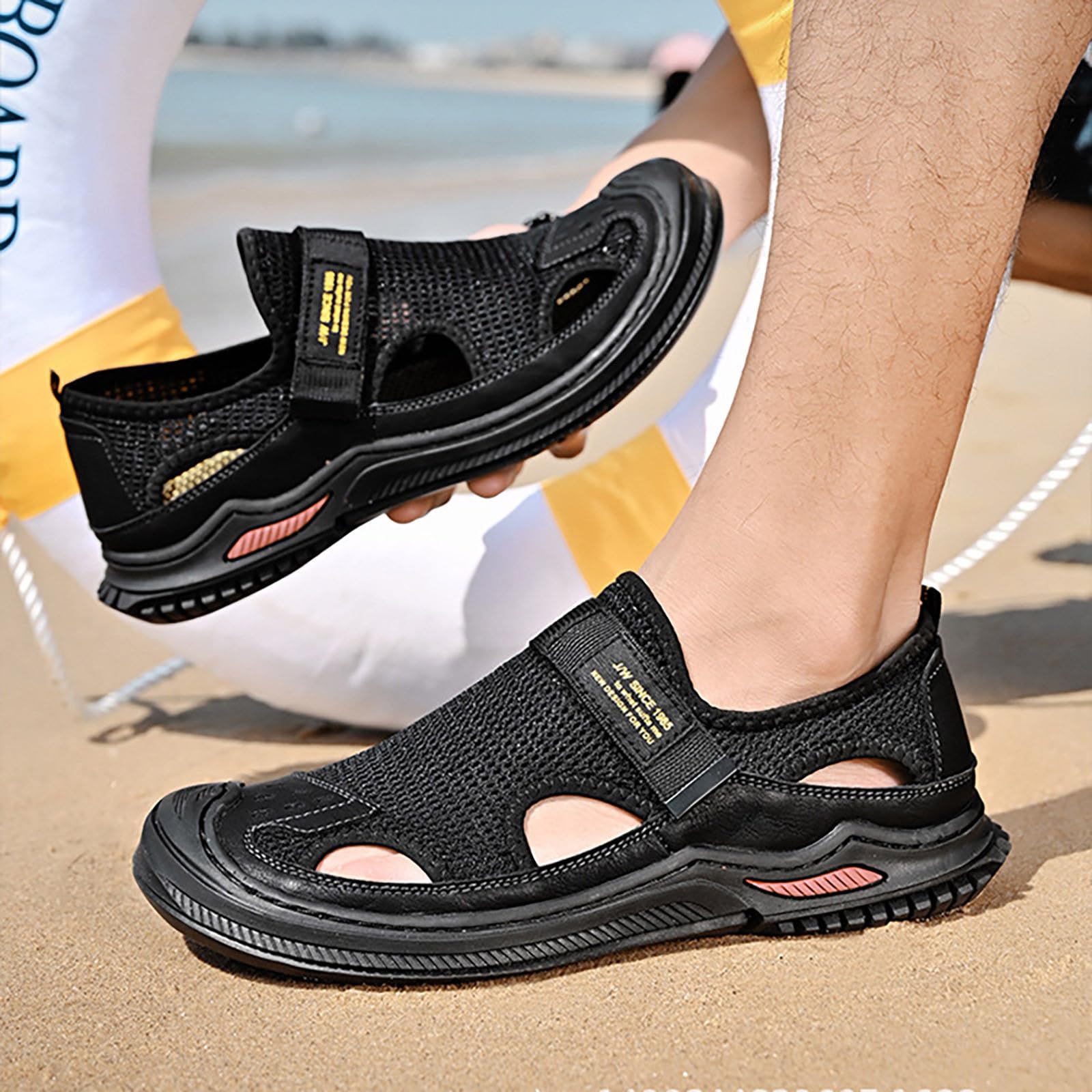 Męskie oddychające siatkowe sandały outdoorowe, lekkie letnie buty do chodzenia, sportowe, na plażę, wędrówki, trekking, sportowe, Czarny, 39.5 EU