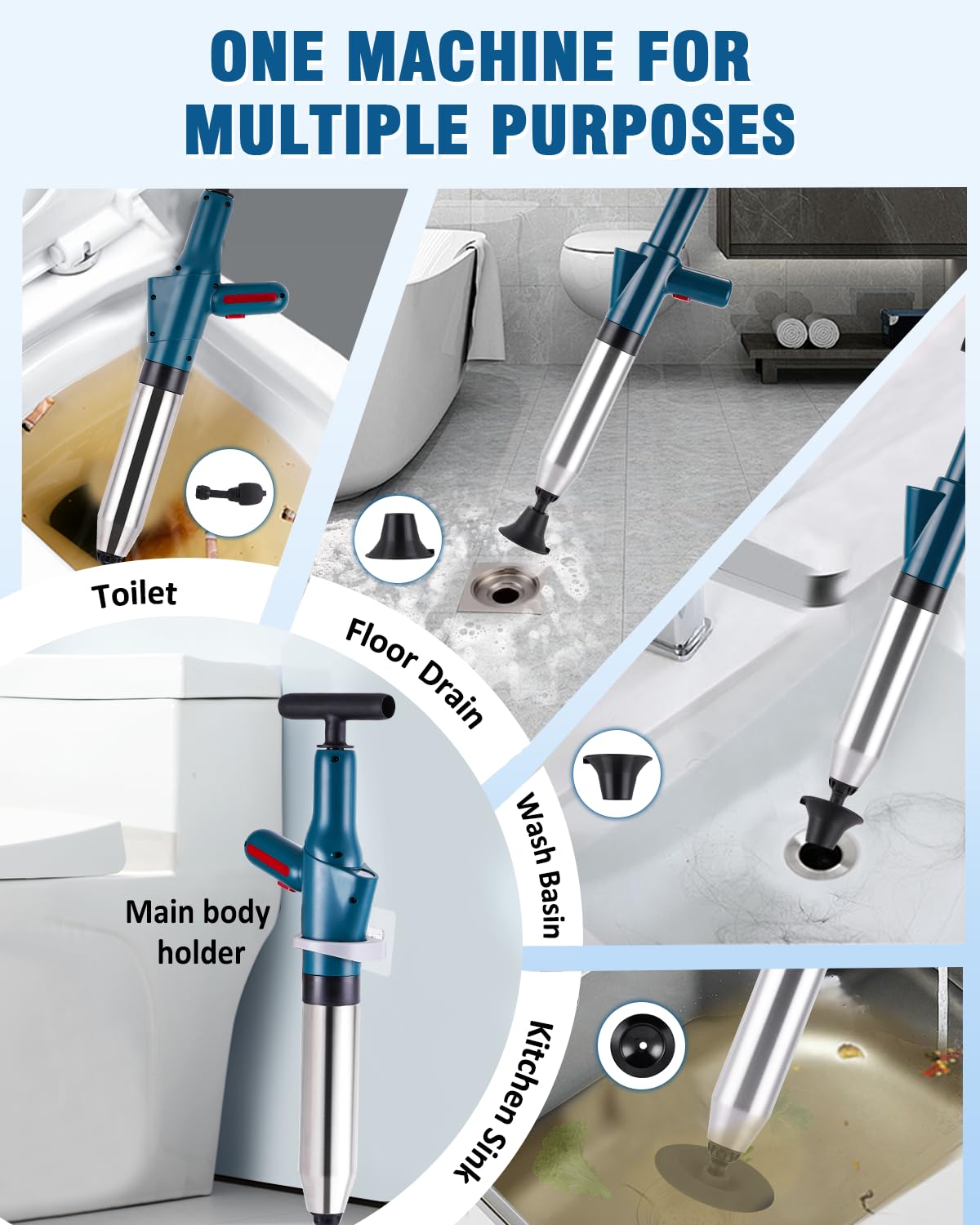 YUCHENGTECH High Pressure Toilet Plunger - Heavy Duty Unblocker With 4 Heads, Pressure Gauge, Gloves & Hook, For Sink, Shower, Bathtub & Drains