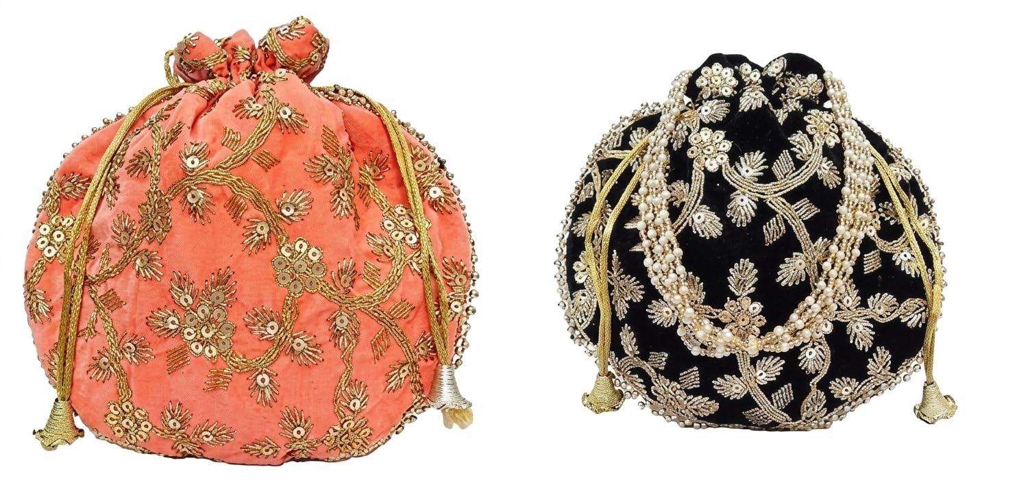JDDCART Wedding gifting potli combo set of 2 || stylish shagun potli in velvet feel floral design fabric with sequins design of flower pattern (Peach, Gold, Mild Black)-picture-43