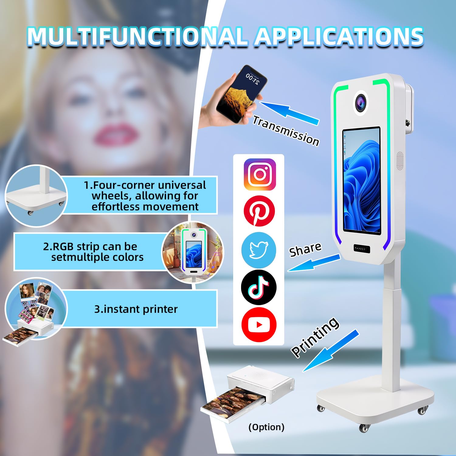 Appareil Photo Reflex numérique, Cabine Photo à Selfie pour fête, Levage électrique avec 4 Mode d'économie de mémoire, Cabine Photo à écran Tactile de 21,5" (White, Photobooth Full Set)