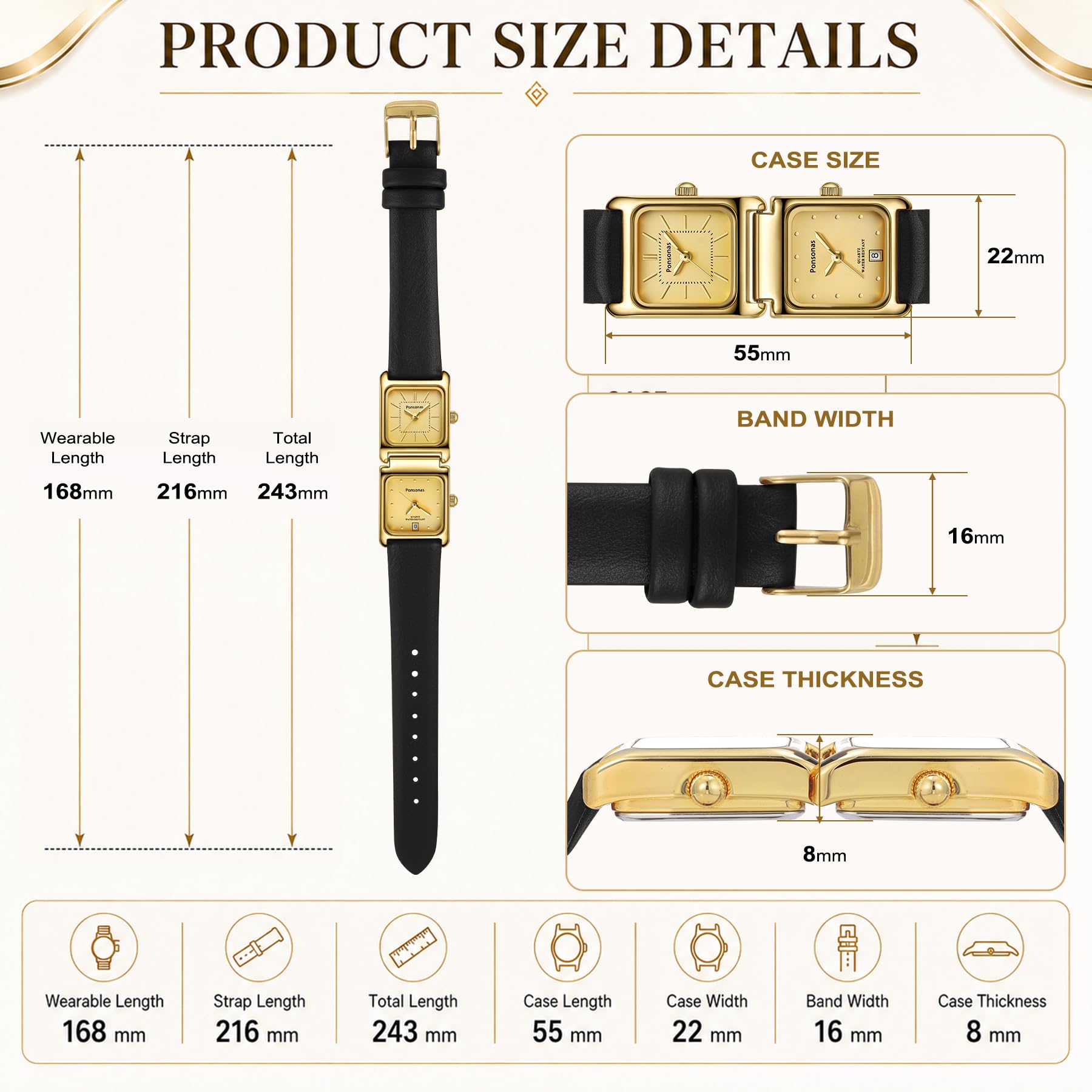Timever Orologio unisex con cinturino in pelle per uomo e donna, originale quadrato con retangle al quarzo, orologio da polso per uomo e donna, regalo per coppia