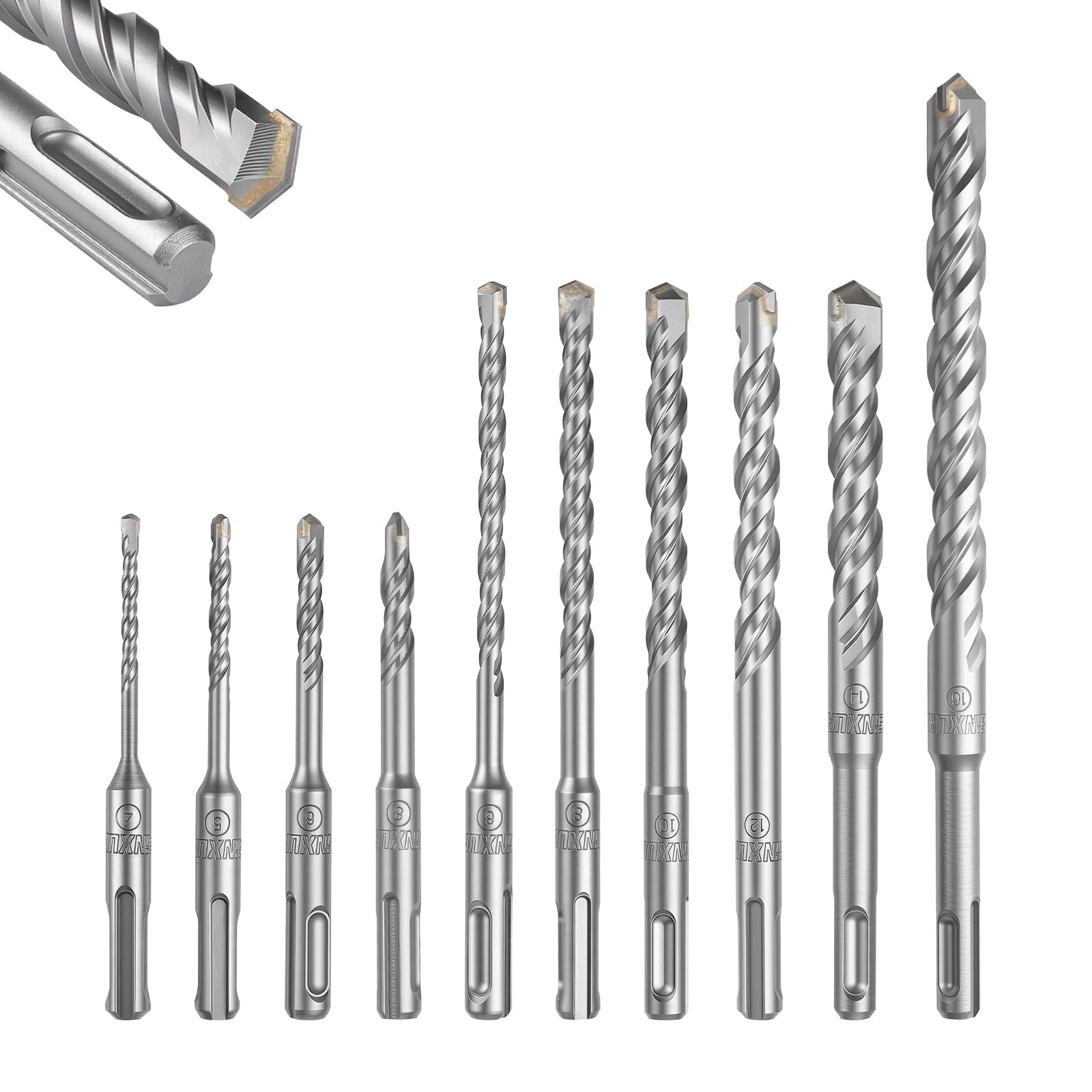 GEINXURN 4-16mm x 110/160/210mm SDS-Plus Rotary Hammer Drill Bit Set, 10PCS Double Thread Masonry Drill Bits Set Carbide Tipped, Drilling in Brick, Stone and Concrete, Cement Walls