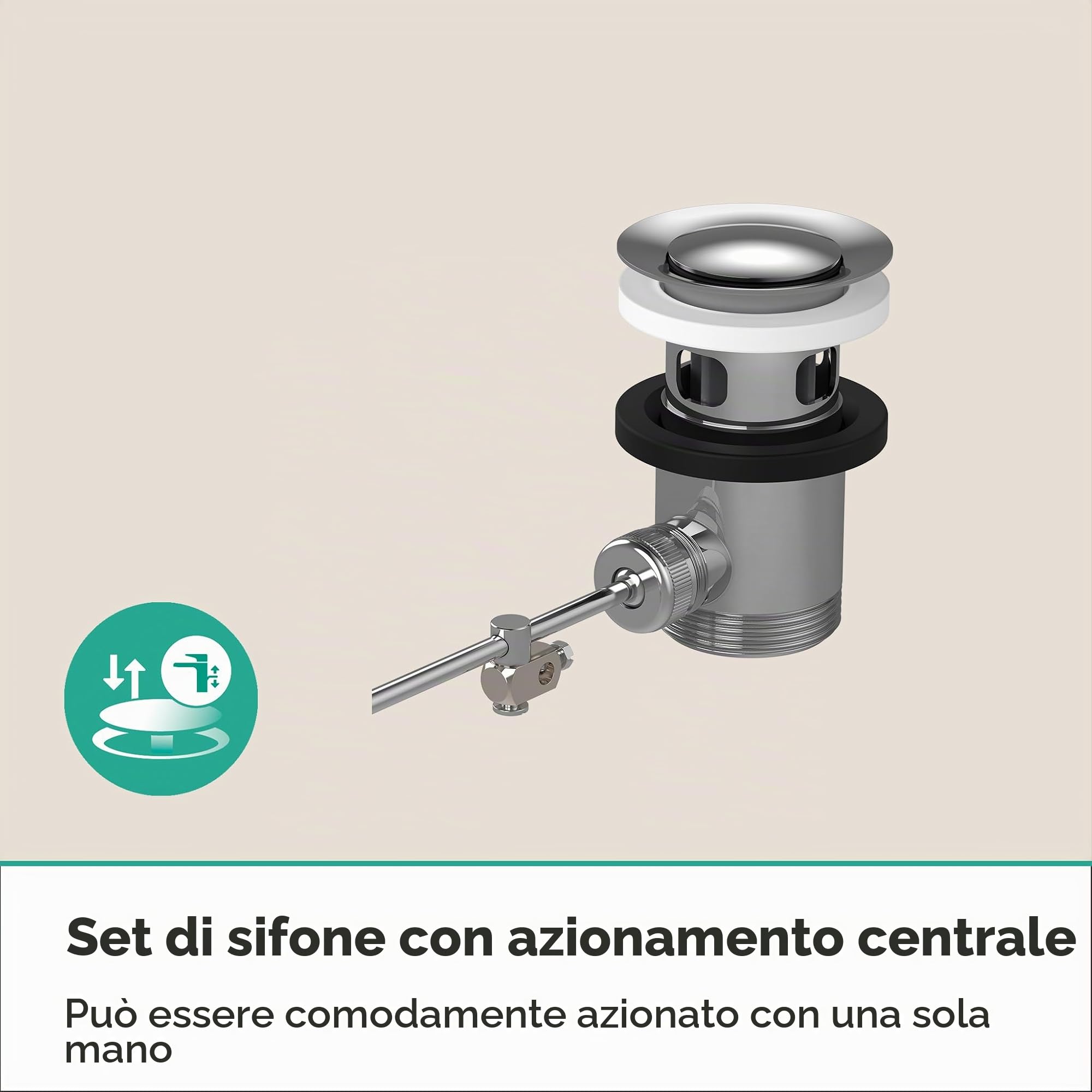 hansgrohe Set di scarico con tirante per miscelatore lavabo e bidet, chiusura per lavabi e bidet standard con troppopieno, tappo di scarico in ottone, cromo, 94139000