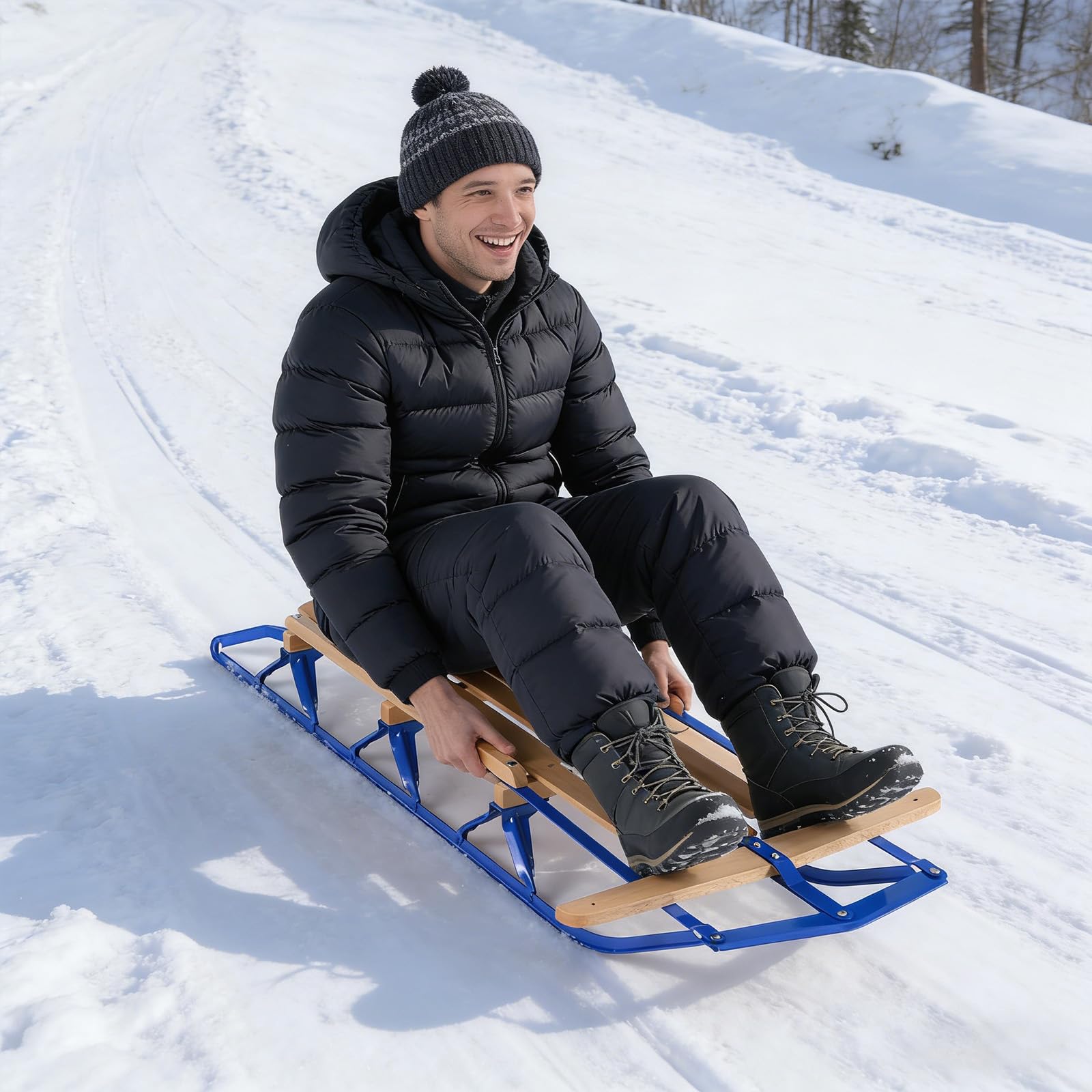 COSTWAY Luge avec Corde de Traction et Poignée, Traîneau Portable avec Direction Rail Métallique Coulissant Dossier à Double Lattes, Adaptées aux Enfants Adolescents