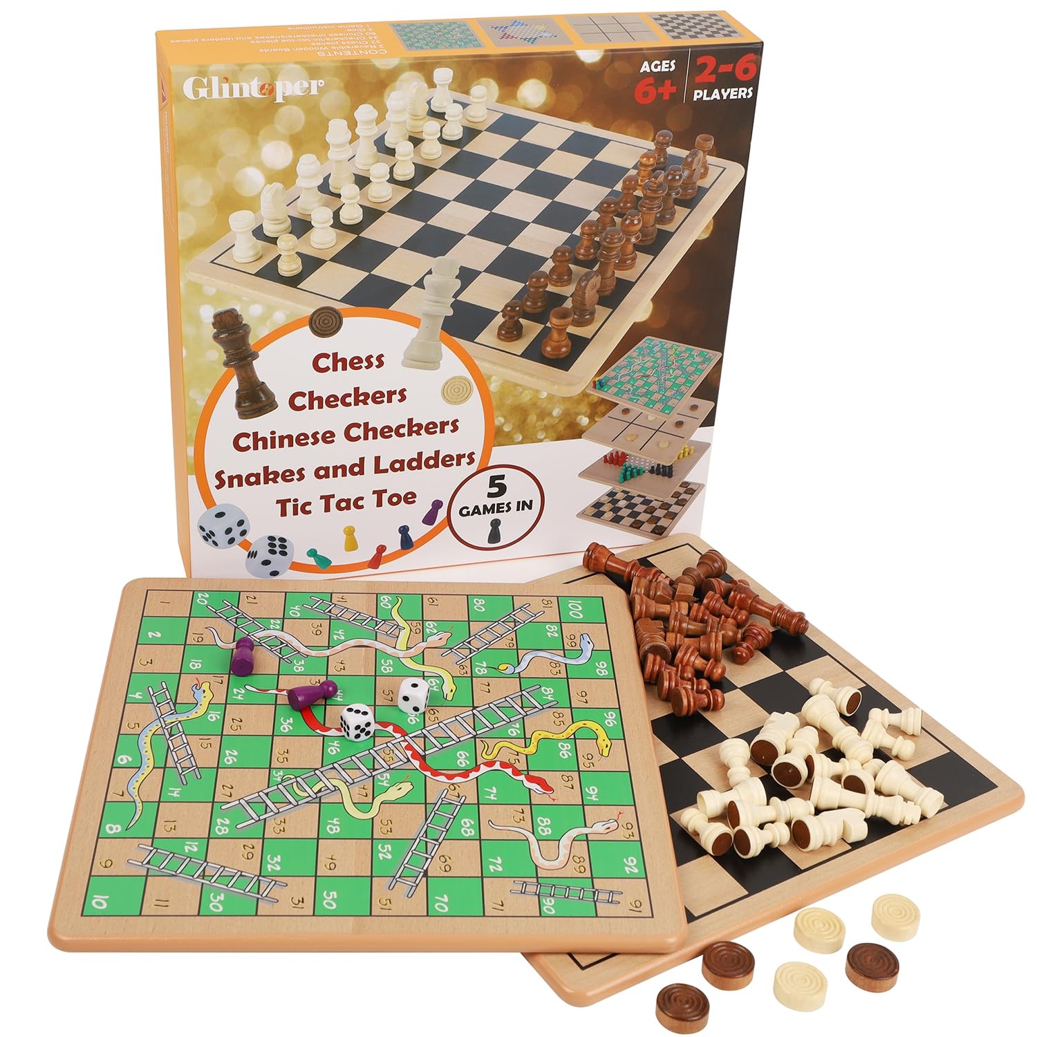 Glintoper Tavole di legno reversibili 5 in 1 per scacchi, dama, dama cinese, serpenti e scale, Tic Tac Toe, giochi da tavolo classici da viaggio portatili per bambini dai 6 anni in su