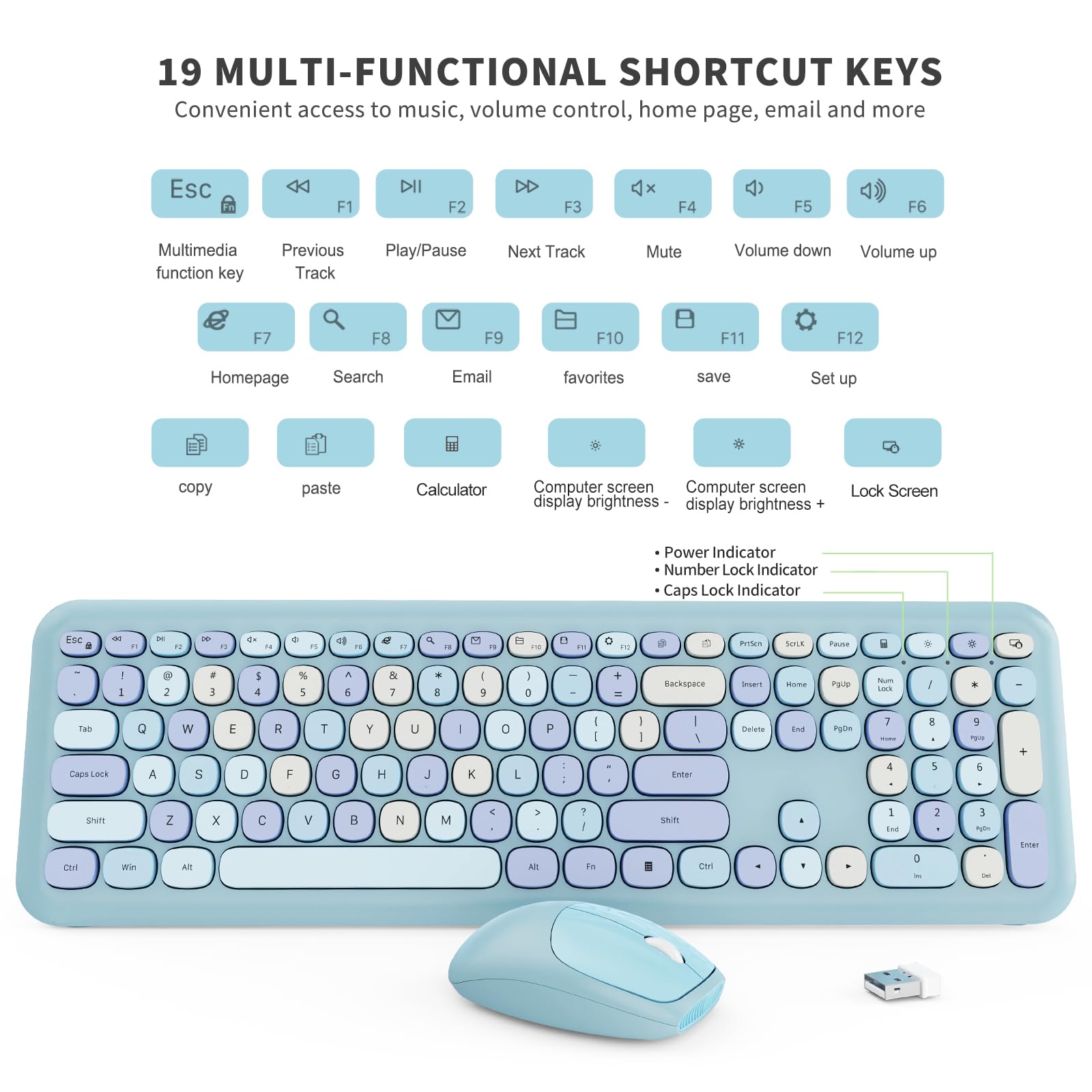 Wireless Keyboard and Mouse Combo, Colorful Ergonomic Full Size Retro Low-Noise Keyboard with Cute keycaps, Compatible with Windows, PC, Perfer for Home and Office Keyboards (Blue)