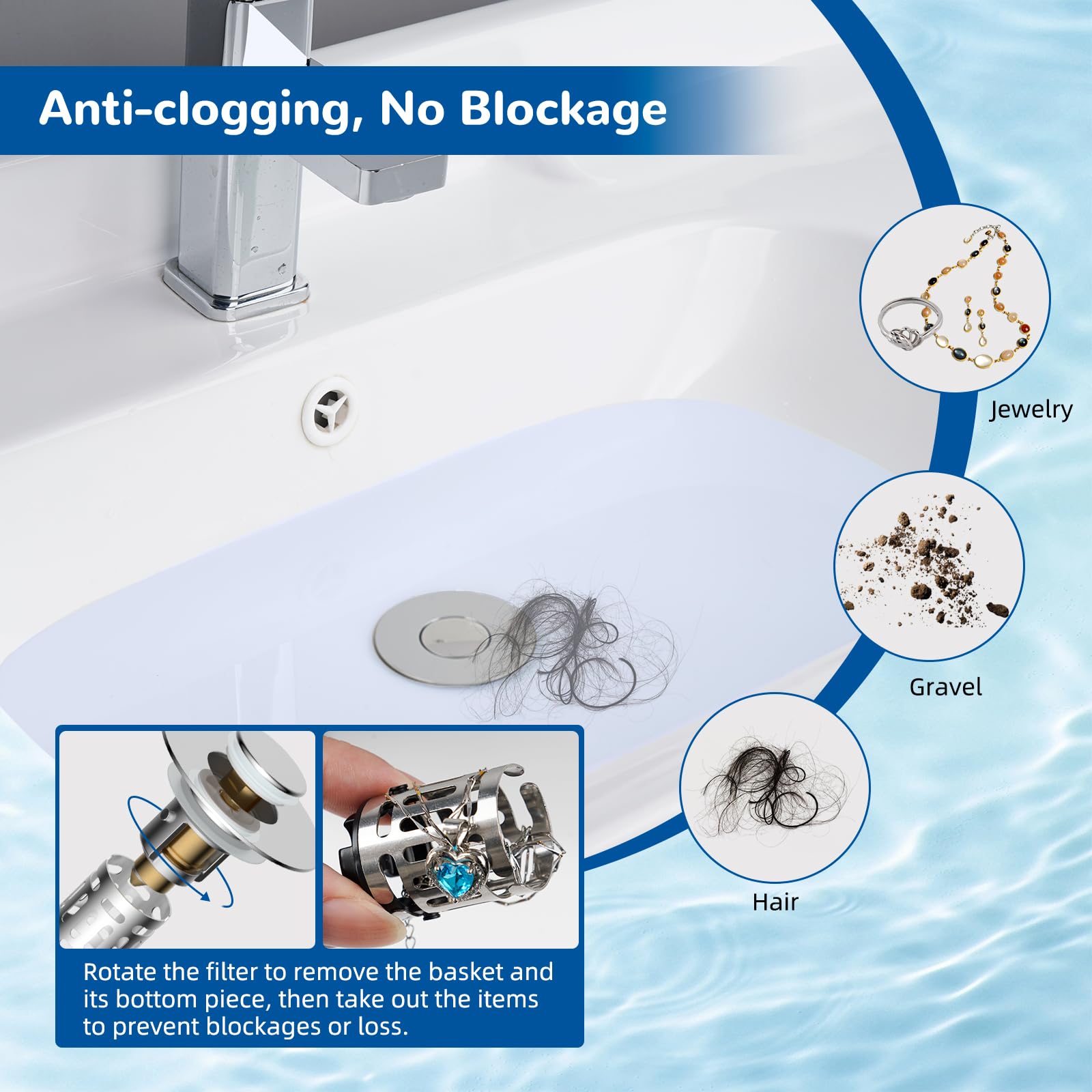 Hibbent Upgraded 3 in 1 Bathroom Sink Drain Strainer, Universal Pop Up Stopper with Removable Stainless Steel Filter Basket Hair Catcher, Sink Plug for 1.1''~2.36'' Basin, Brass Bullet Core, Chrome - 3