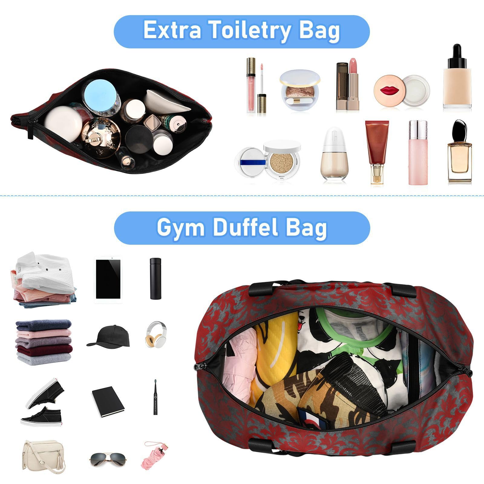 Sac de voyage gothique rouge foncé à motif floral rétro avec poche humide, sangle réglable, sac d'entraînement de sport pour la randonnée, imperméable pour homme et femme
