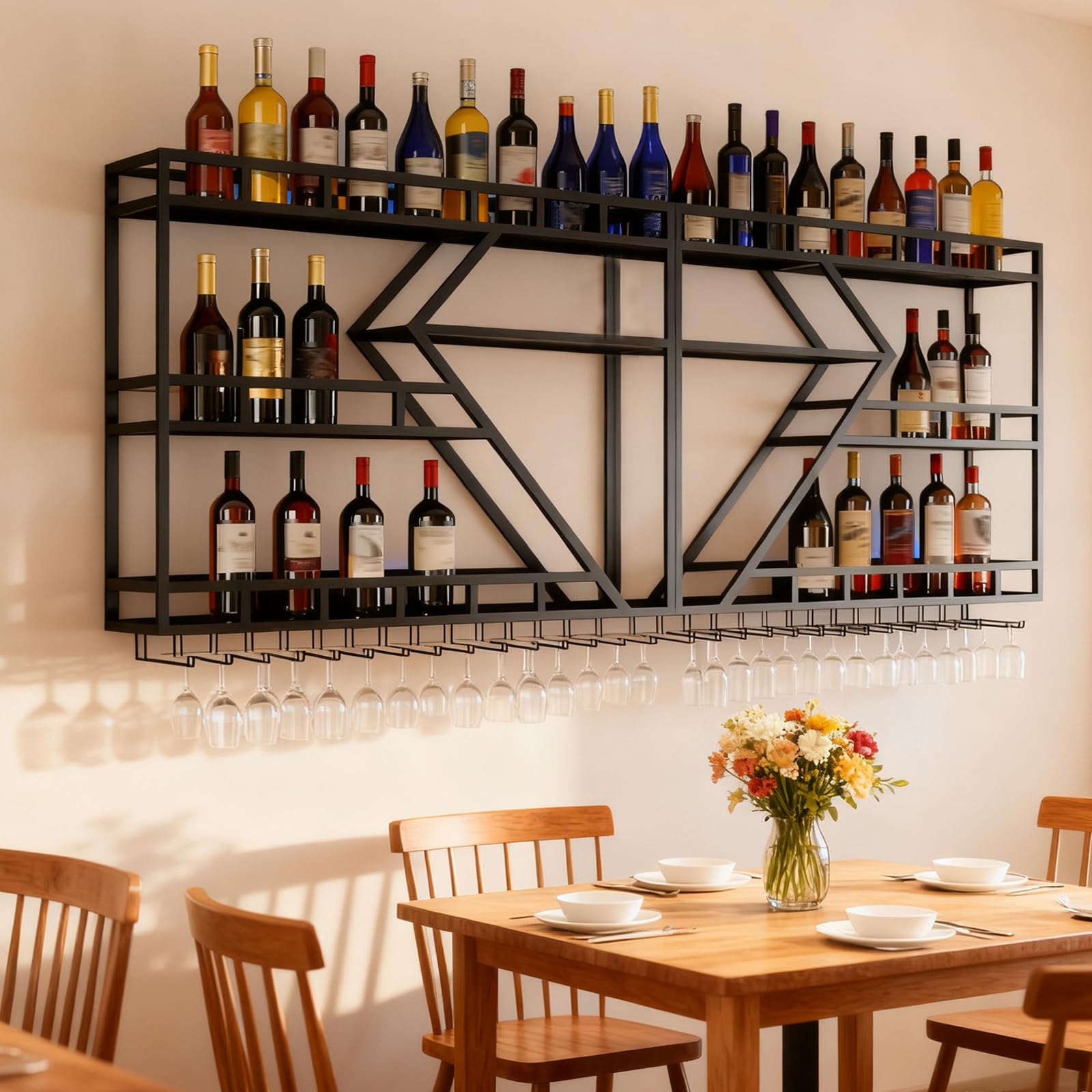 Portabottiglie da Parete, 3 livelli multifunzione Espositore Portabottiglie per Vino con Guardrail, Porta bottiglie di vino da parete con supporto in vetro (nero, 3 Tier,200cm)