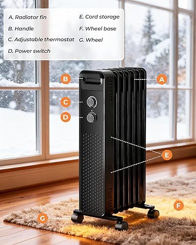 Miniatura 6 de ZAFRO Calentador eléctrico de 1500 W con termostato ajustable, protección contra sobrecalentamiento y vuelco, bajo ruido, calentador portátil