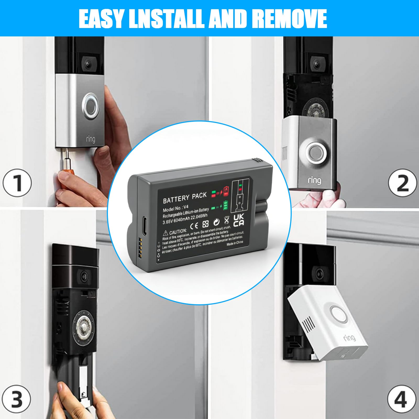 2-Zellen-Akkupack für Ring V4 Türklingel mit Typ-C-Ladeanschluss (3,65 V, 6040 mAh), kompatibel mit Video-Türklingeln 2/3/3+/4, Spotlight-Kameras und Vertikalkameras (zweite/dritte Generation).