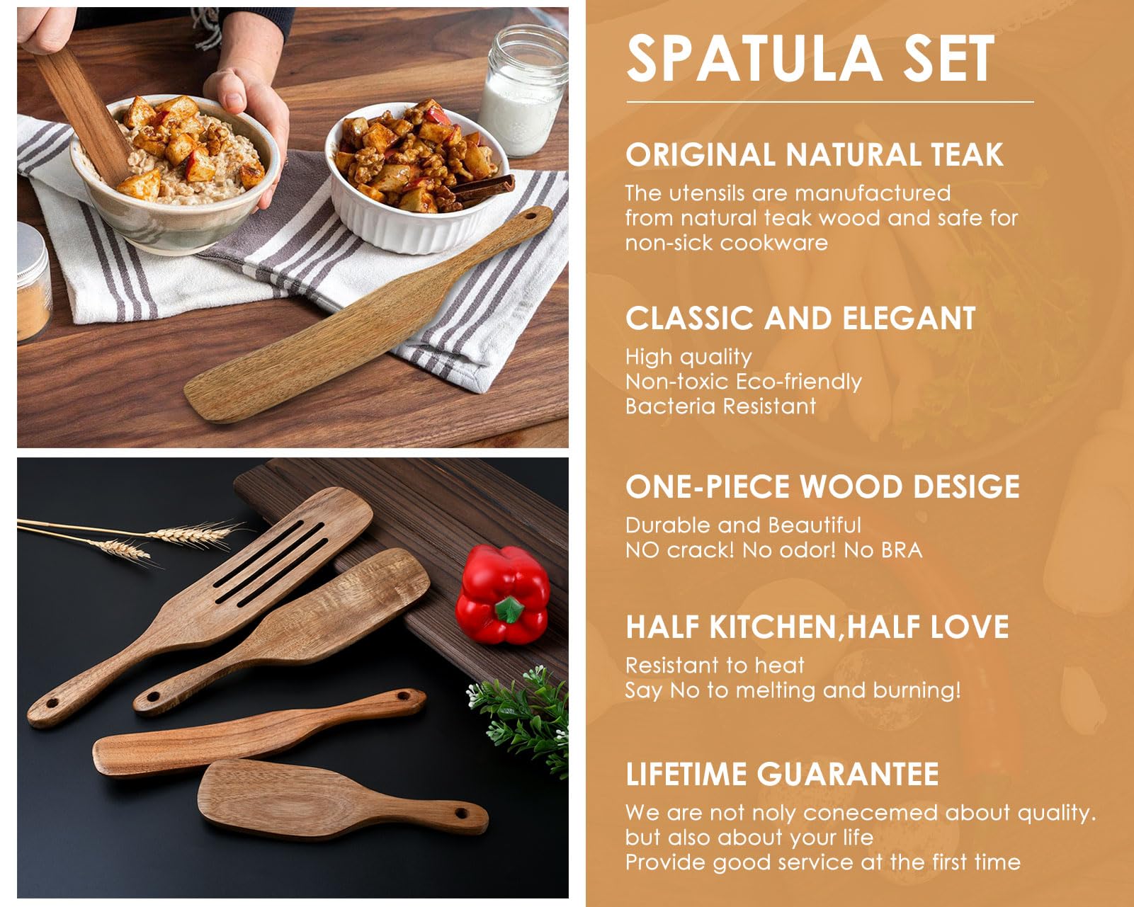 Juego de 5 cucharas de madera de teca, utensilios de cocina antiadherentes, colador de ensalada y hacer pasteles