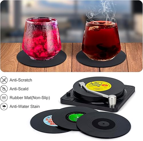Miniatura 5 de Valdivia Portavasos de vinilo para bebidas con reproductor de discos, juego de 6 posavasos retro para álbumes, decoración divertida del hogar para