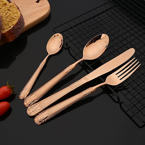 Miniatura 8 de JASHII Copper 304 - Juego de cubiertos martillados de acero inoxidable con patrón de espiga de trigo, moderno juego de cubiertos para comer,