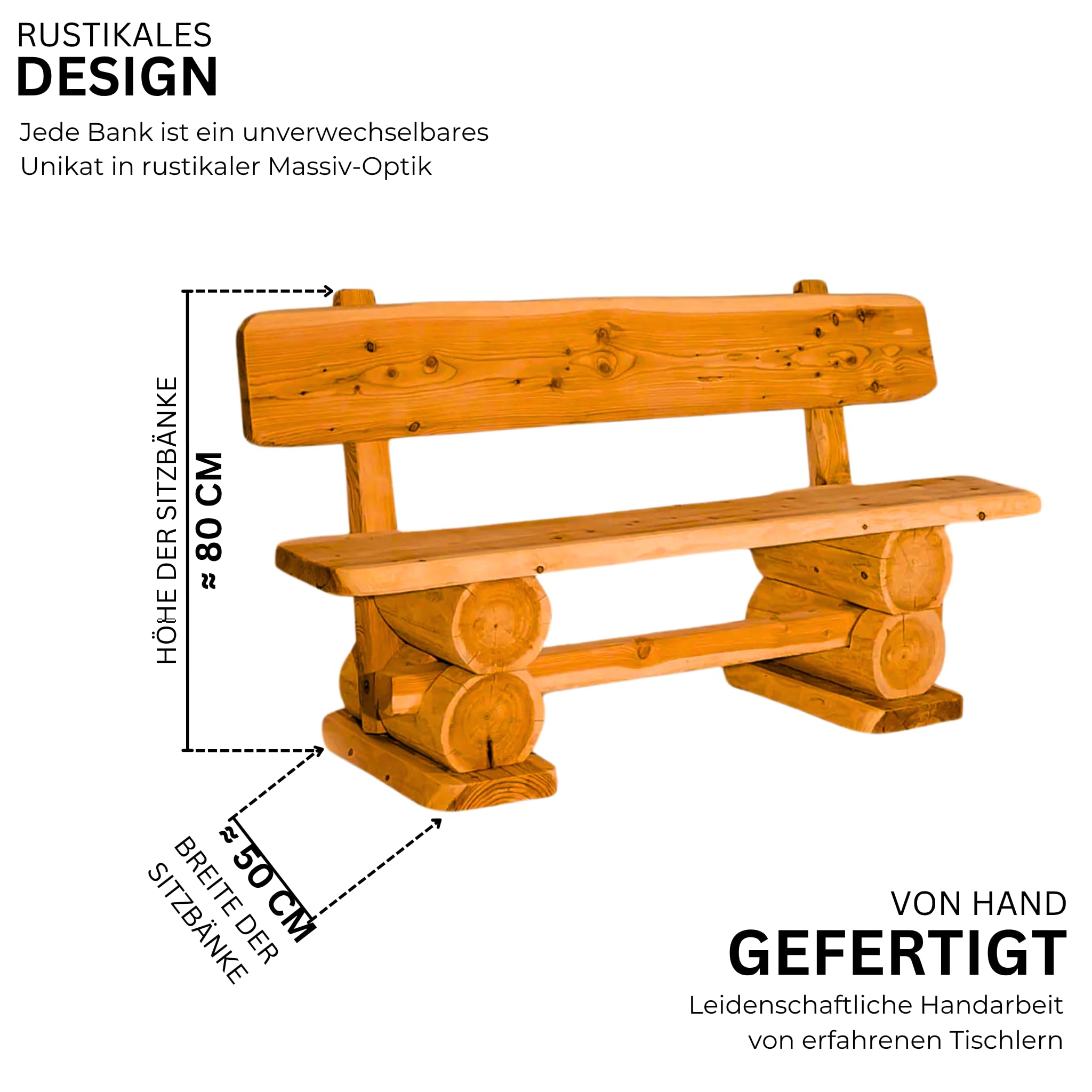 Mega Holz Gartenbank Rustikal Pinie Lasiert 160 cm - Massivholz Bank aus Kiefernholz - Fertig montierte Sitzbank für Terrasse, Garten & Balkon mit Rückenlehne - Für 3 Personen, wetterfest & robust