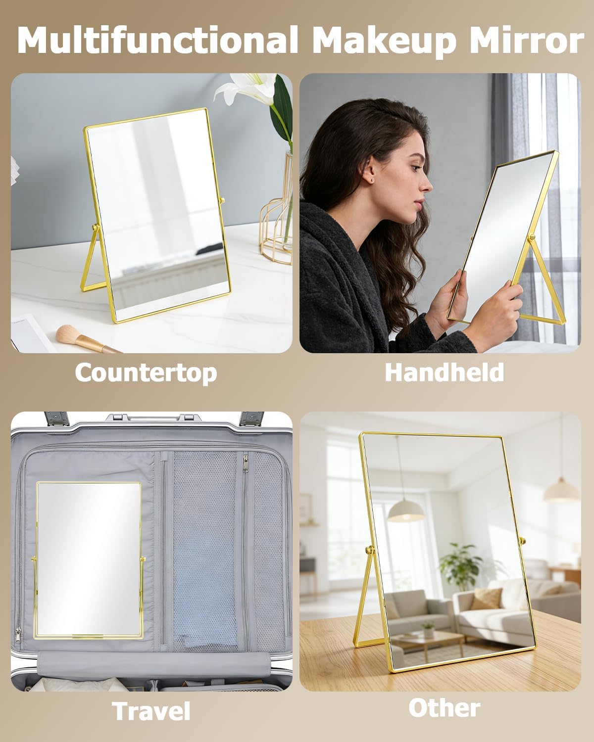Vanity Desk Table Mirror, Adjustable Rectangular Tabletop Standing Makeup Mirror with Metal Framed for Living Room, Bedroom, Bathroom, Gold